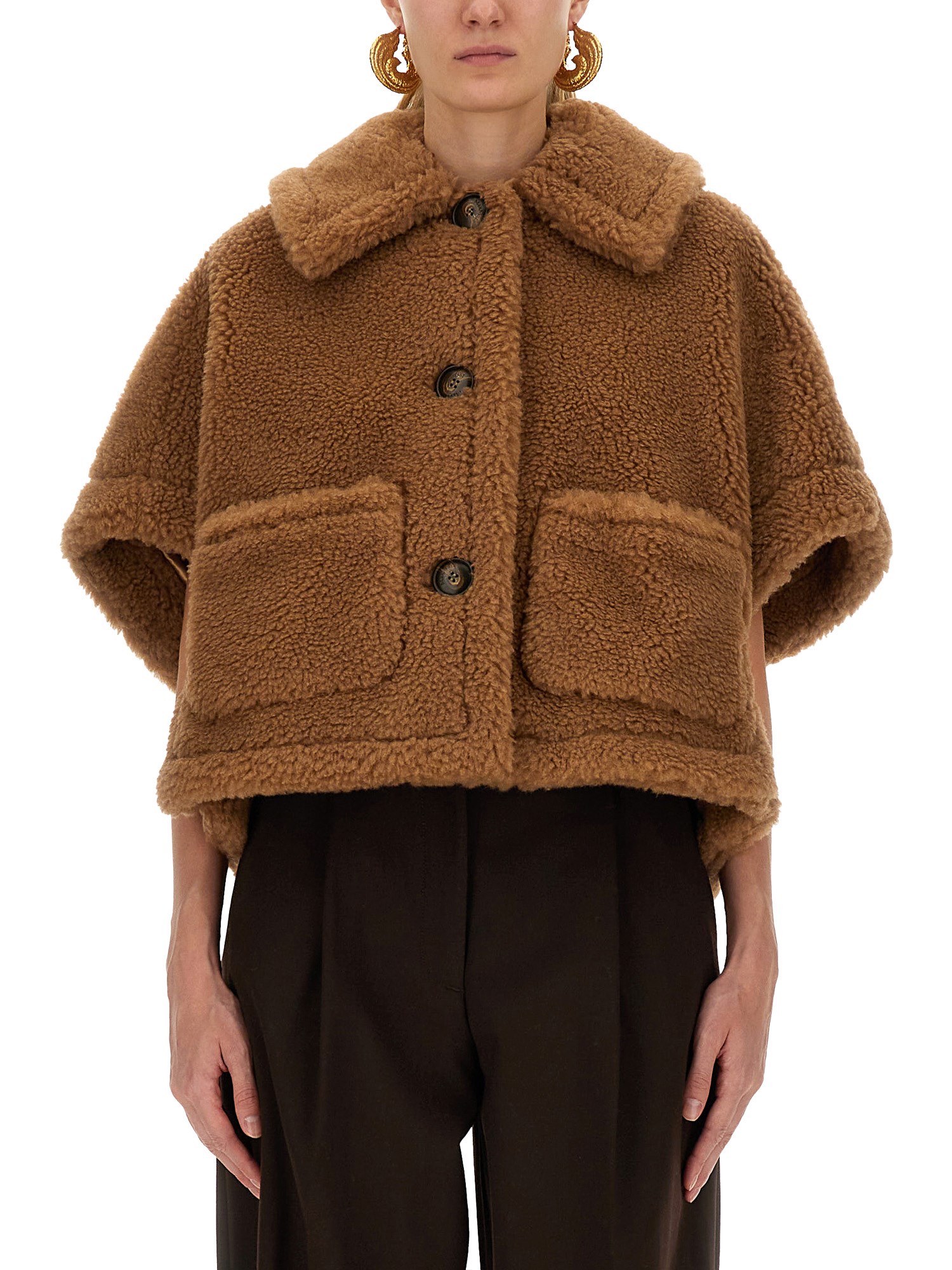 Max Mara Short Cape In Teddy Fabric Scarves And Foulards Beige In Brown