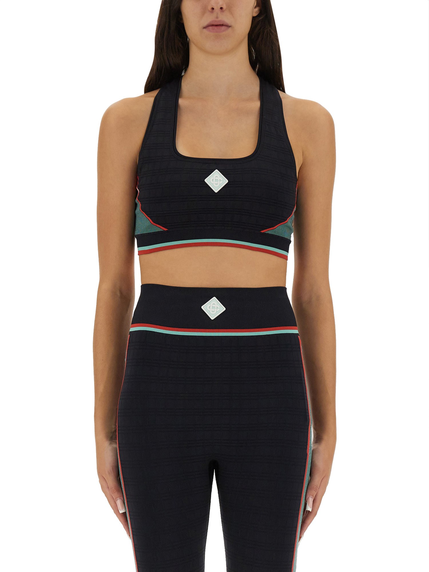 Casablanca Block Detail Racer Back Textured Sports Bra In Black