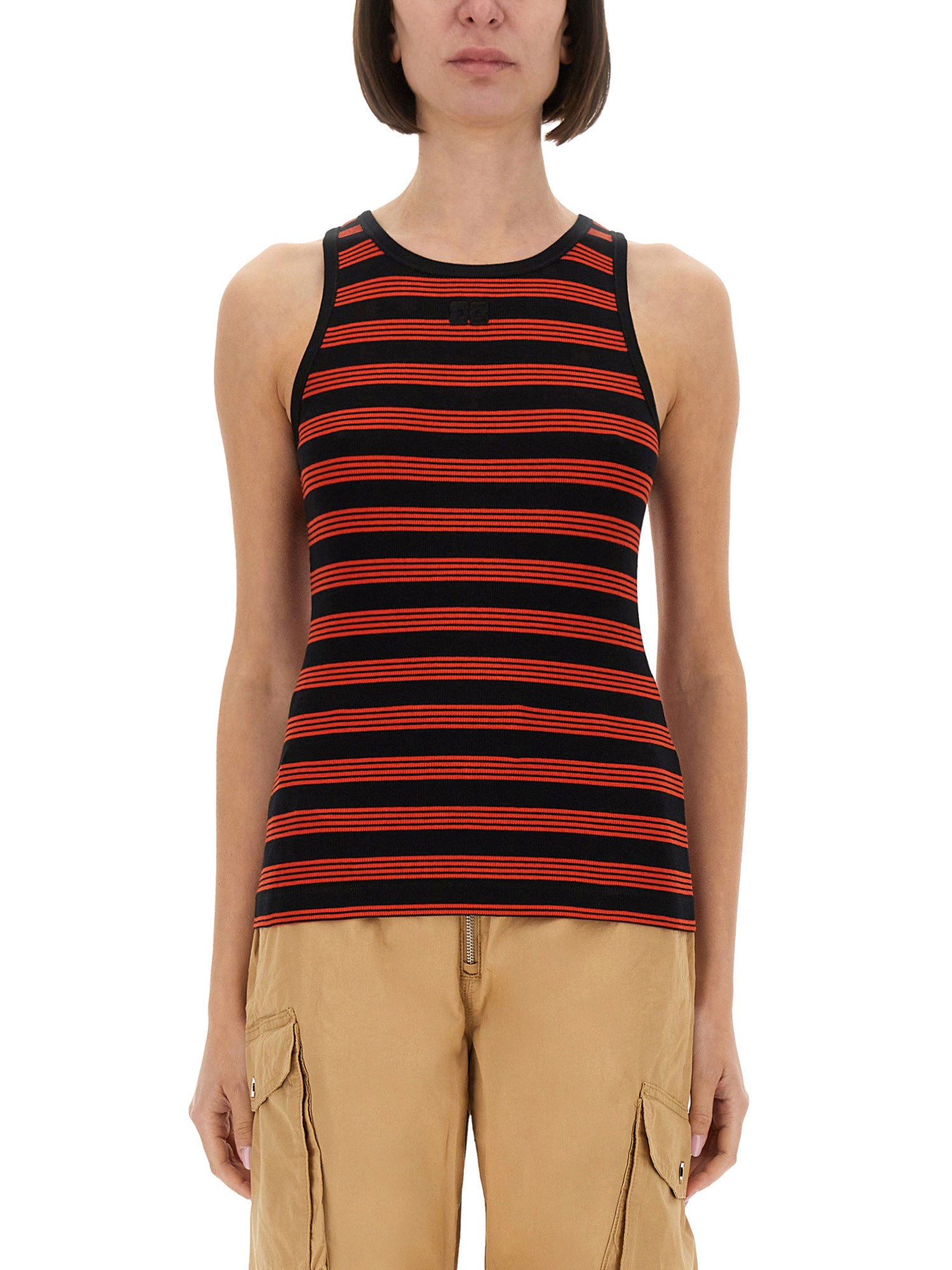 Ganni Red Striped Soft Cotton Rib Tank Top