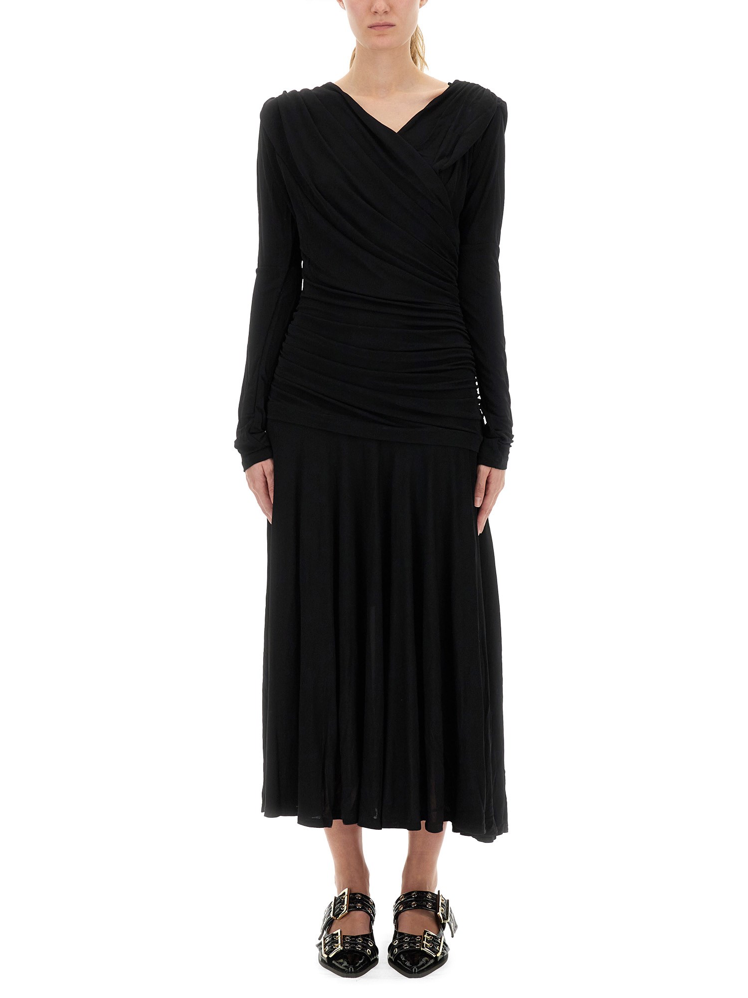 Ganni Interlock Jersey Crossover Ruched Long Dress Dresses Black In Black