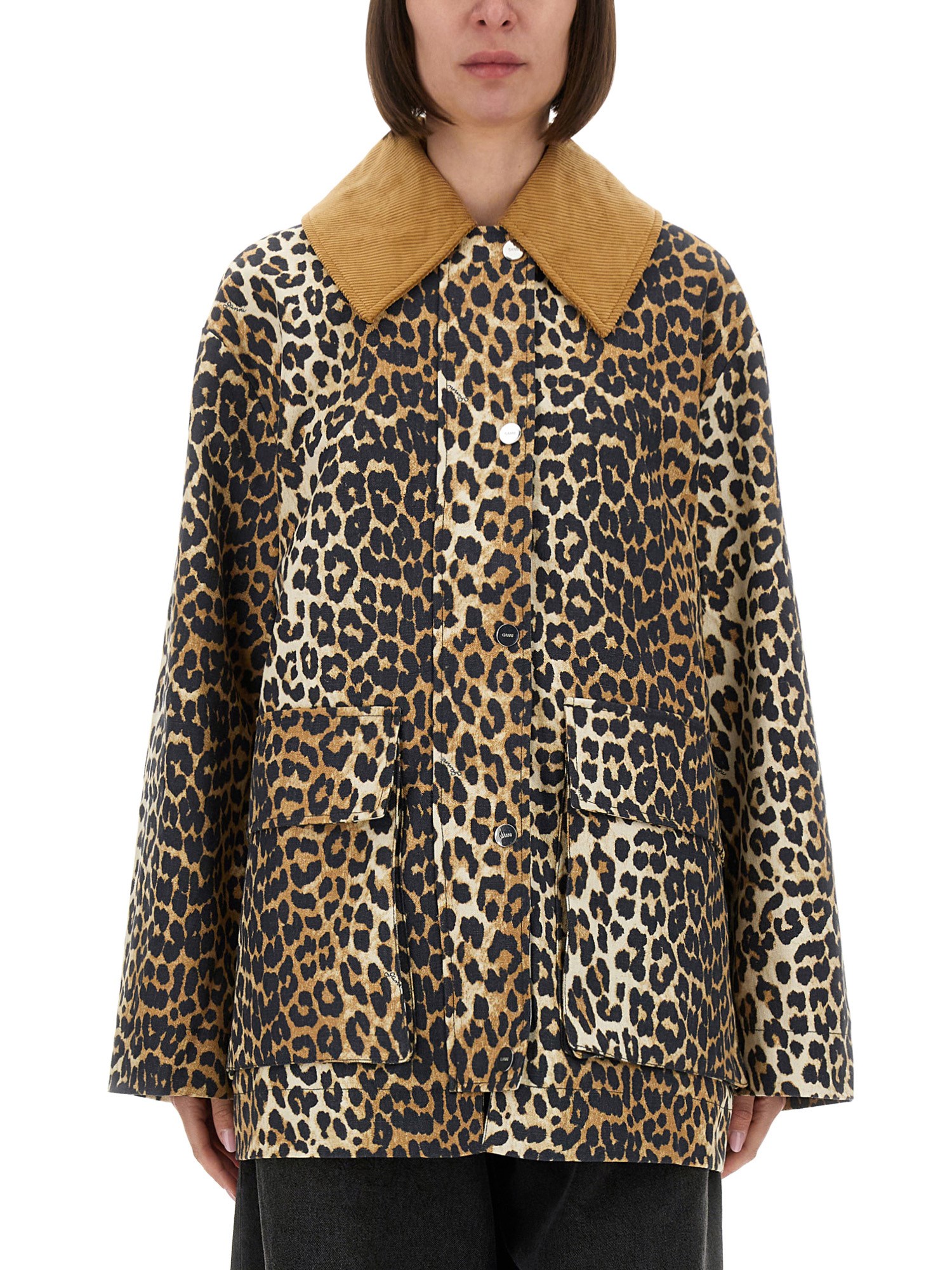 Ganni Long Sleeve Animal Print Jacket With Wide Collar