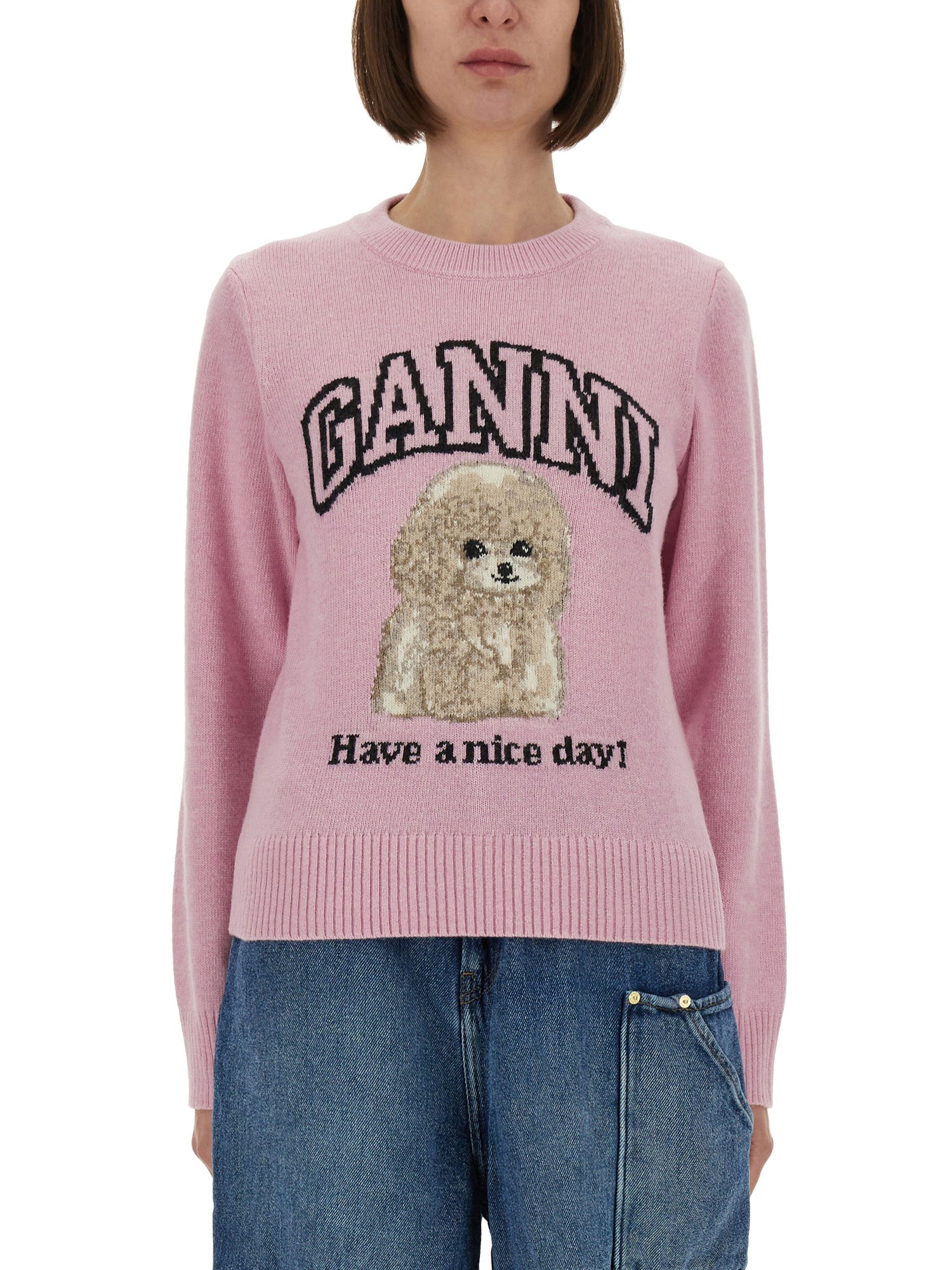 Ganni Womens Chalk Pink Poodle Logo-motif Wool-blend Knit Jumper Xs In Pink
