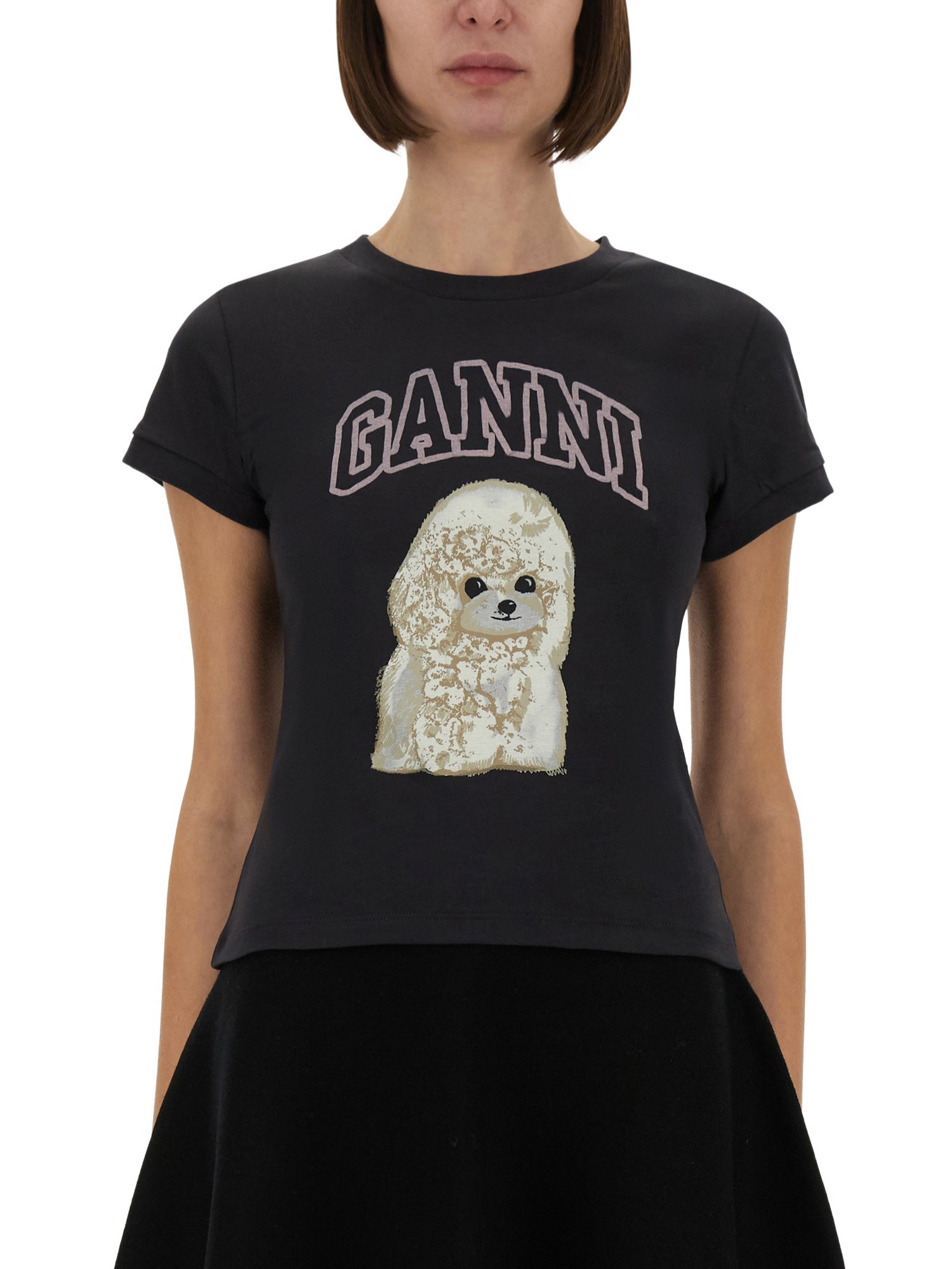 Ganni Women Black T-shirt With Round Neck And Maxi Logo On The Front In Cotton Woman In Blue