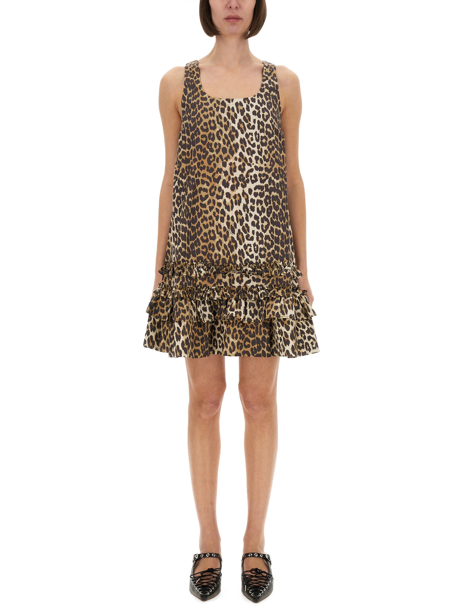 Ganni Brown Leopard Cotton Poplin Mini Dress