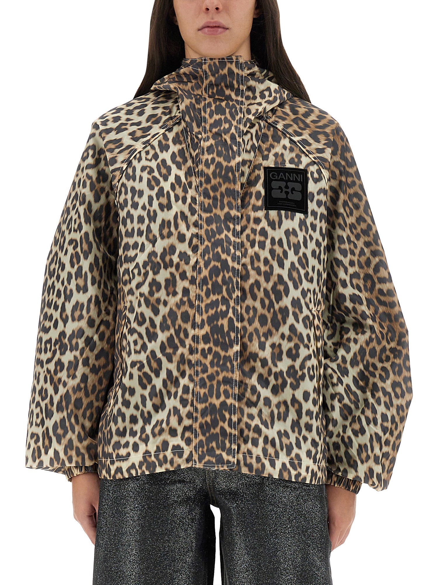 Ganni Leopard Print Nylon Jacket In Animal Print