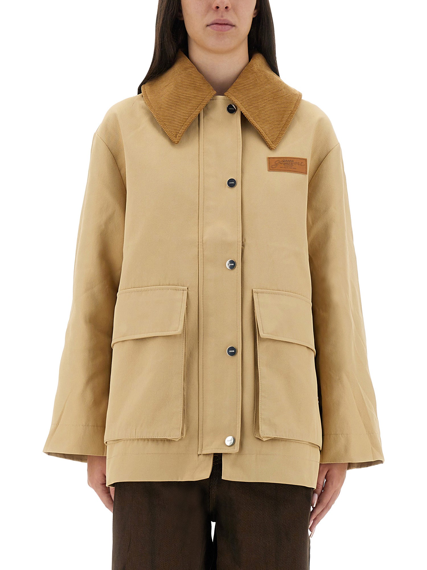 Ganni Camel Twill Midi Jacket In Brown