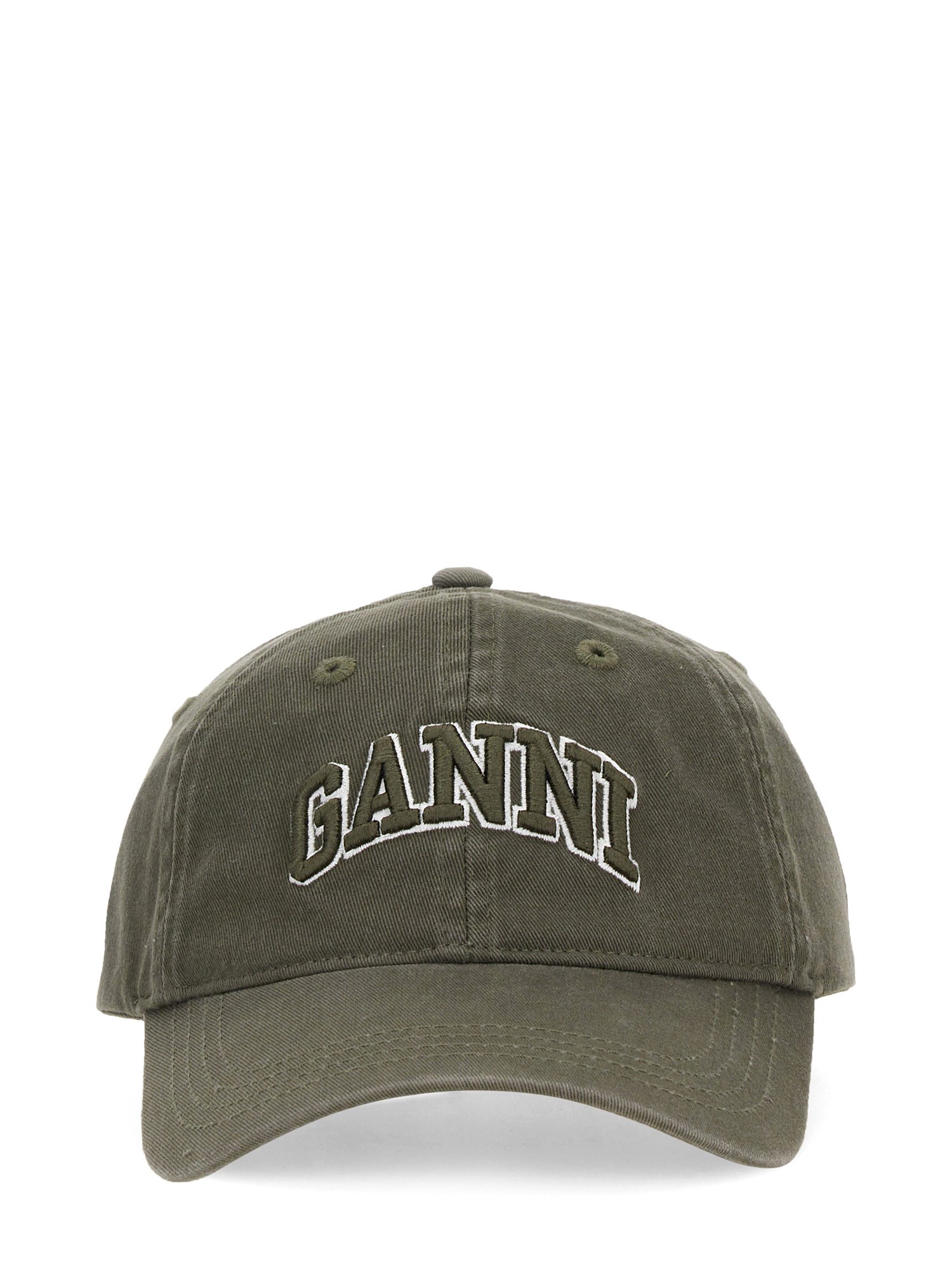 Ganni Green Baseball Cap With Logo Lettering Embroidery On The Front And Logo Patch On The Rear In Cotton  In Neutral