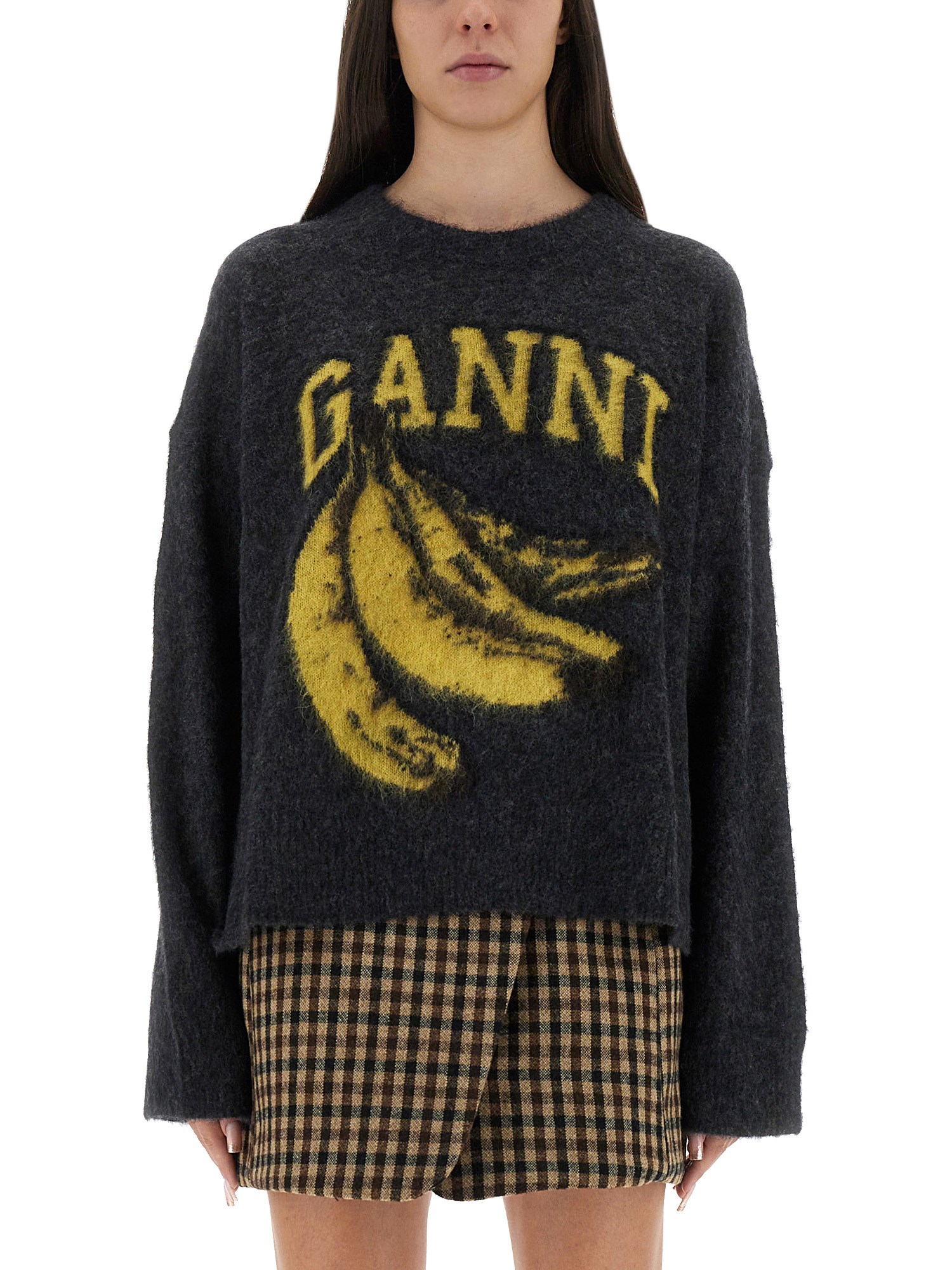 Ganni Jersey With Banana And Logo In Black