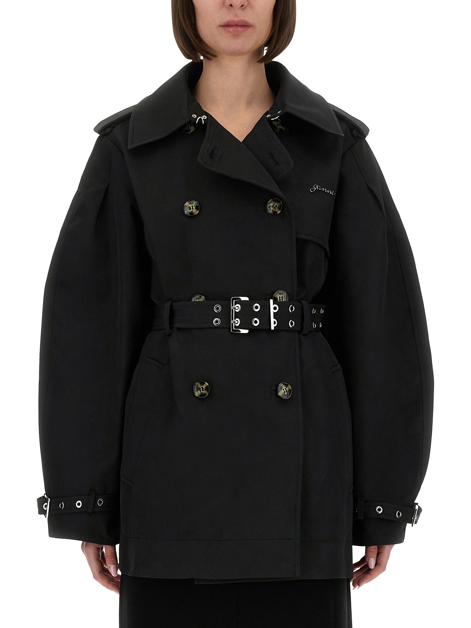 Ganni Twill Midi Trench Buckle In Multi
