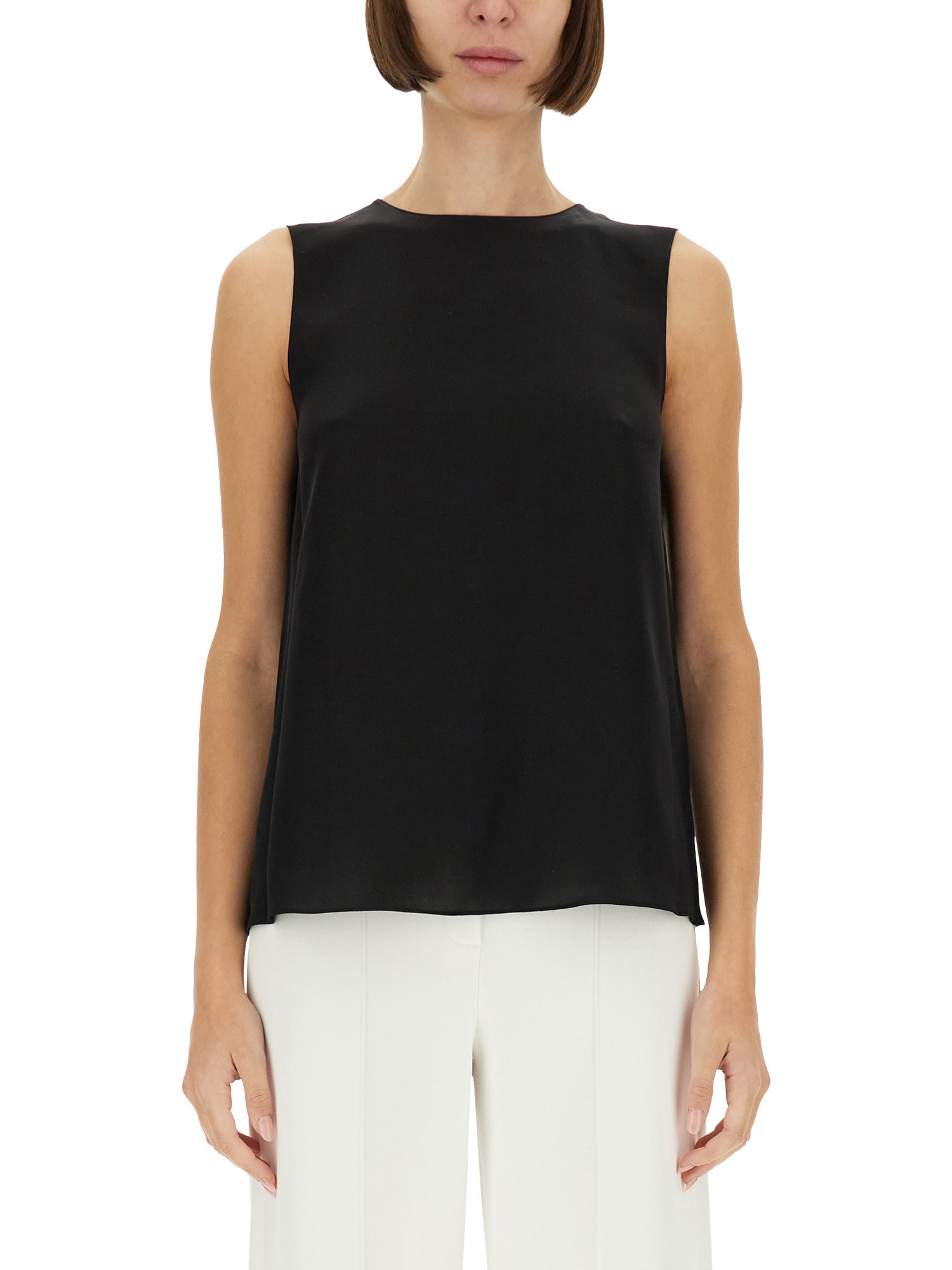 Theory Black Crewneck Top With Ruched Details On The Front In Black