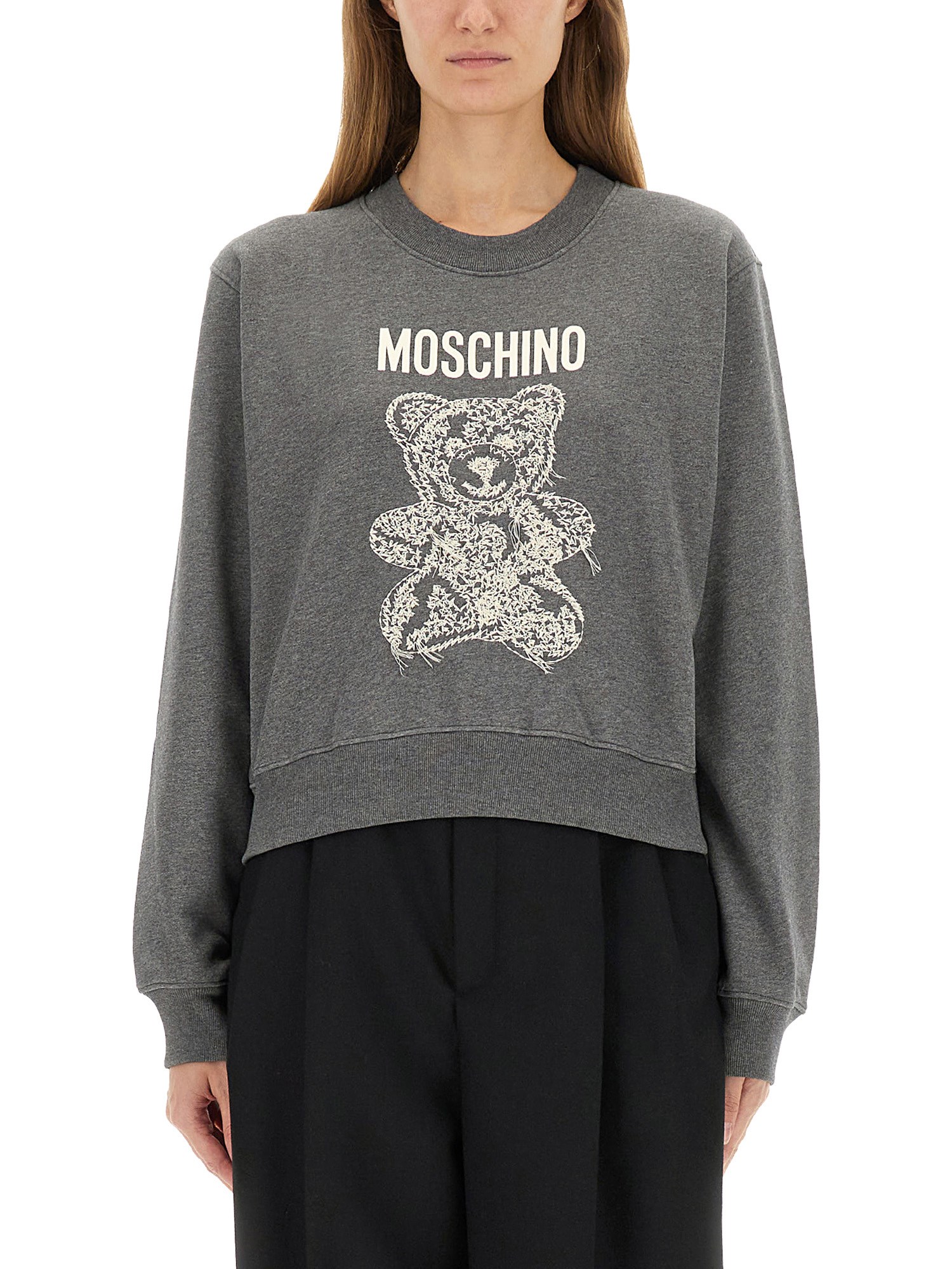 Moschino Ribbed Knitwear With Crew Neck And Graphic Print In Gray