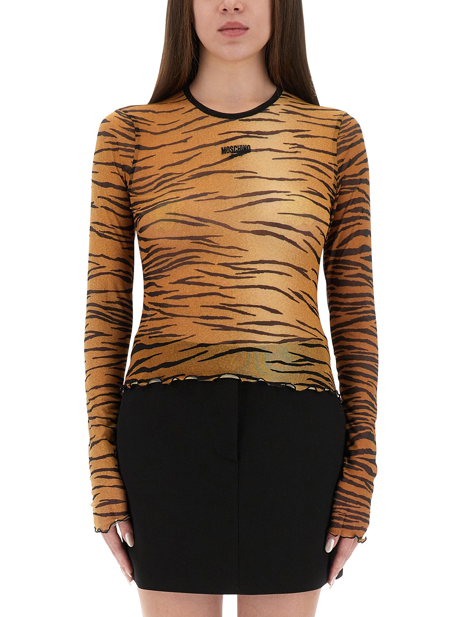 moschino jeans mesh top with animal print