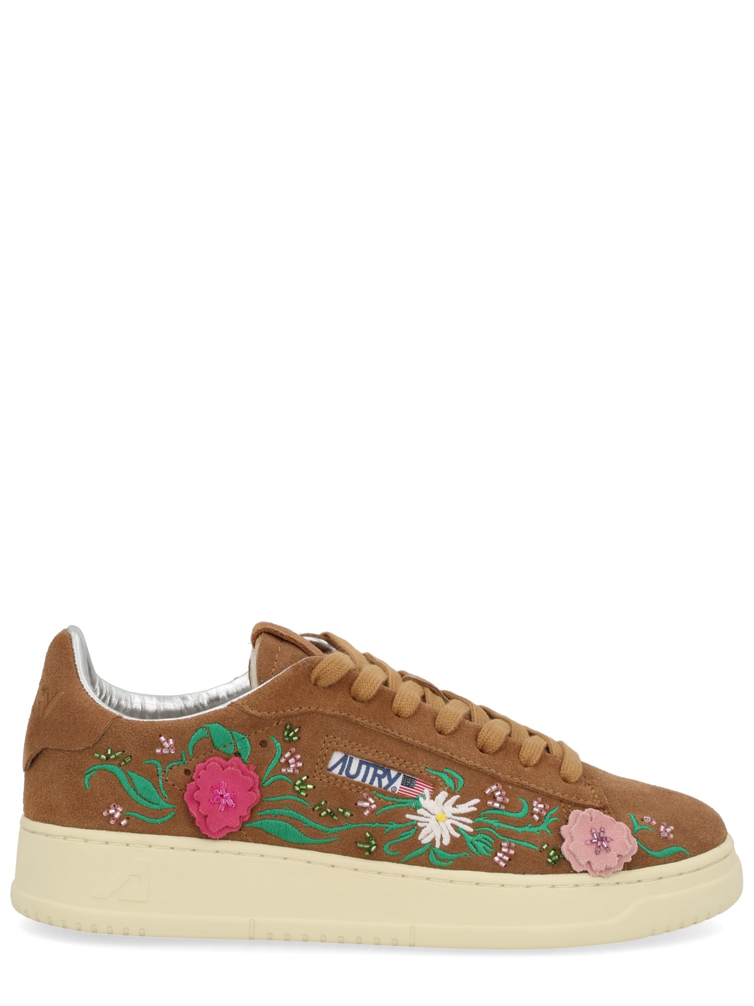Autry Dallas Low Sneakers With Embroidered Floral Details In Brown