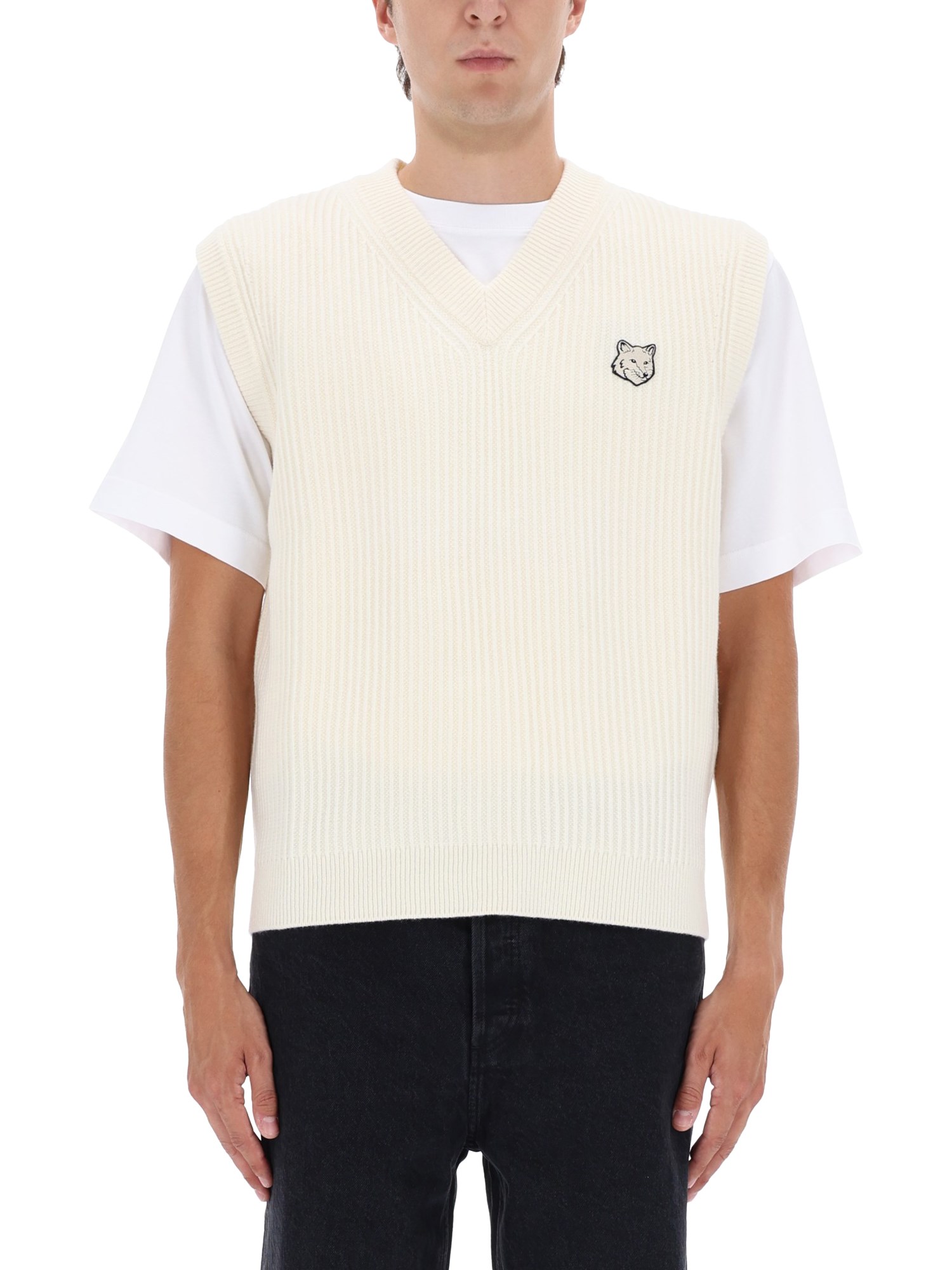 Maison Kitsuné Sleeveless V-neck Ribbed T-shirt In White