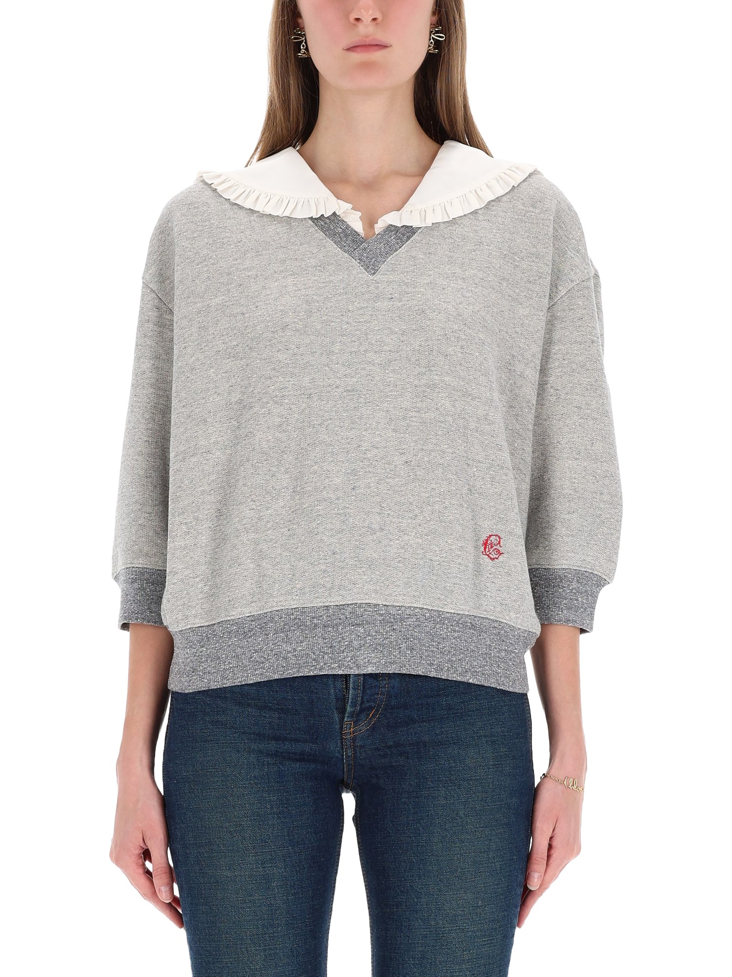 Chloé Silk Ruffled Collar Sweatshirt In Gray