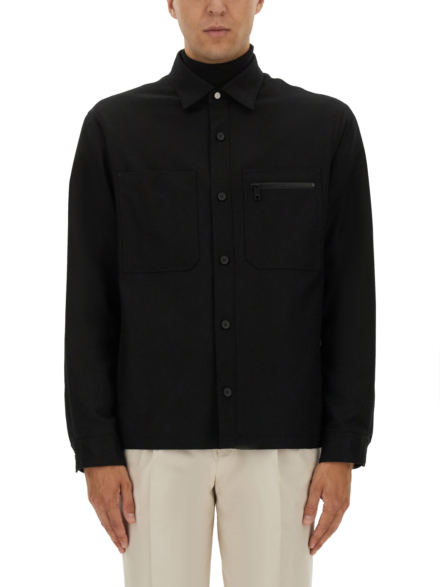 Zegna Button-up Wool Shirt With Zip Pocket Detail In Black