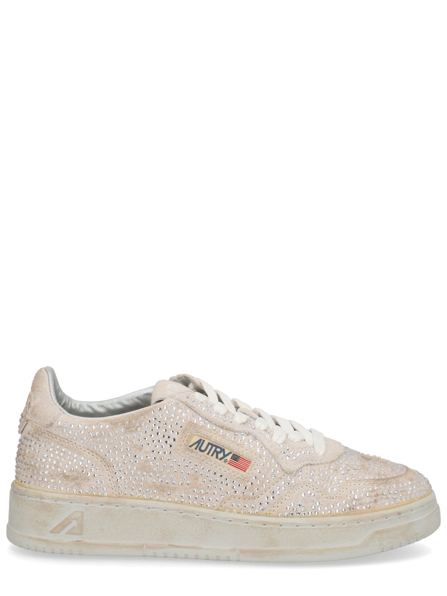 Autry Medalist Low Sneakers In Worn-out Effect Suede With Rhinestones In Multi