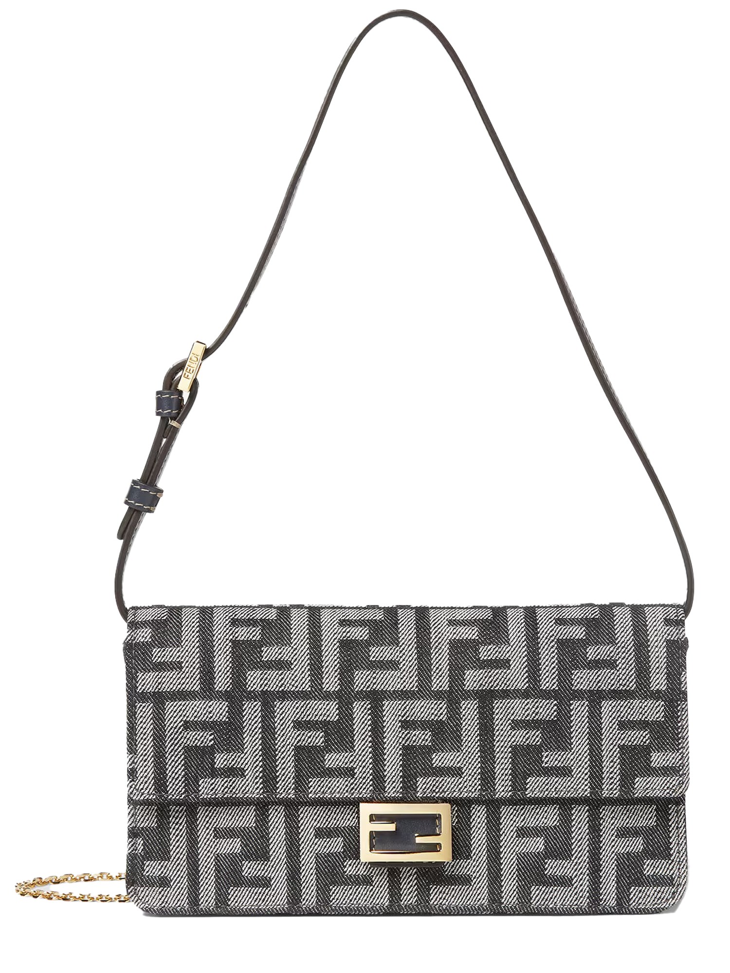 Fendi Wallet On Chain Baguette In Blue Denimeffect Ff Jacquard In Black