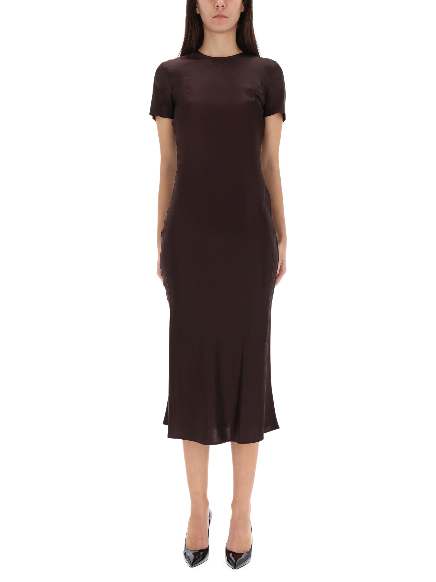 Staud Silk Midi Dress With Ruffles And V-neck In Brown