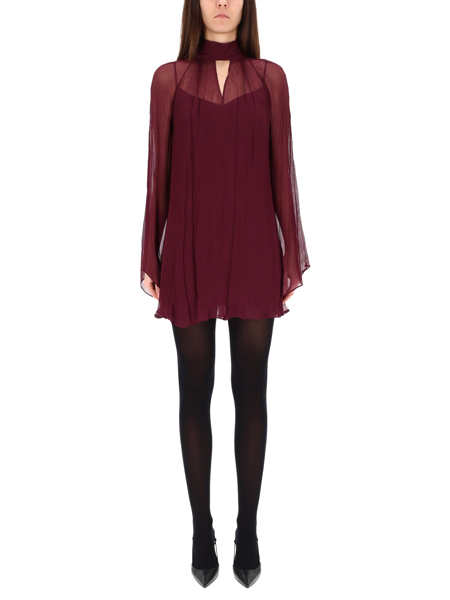 Staud Silk Dress With Cowl Neckline And Puff Sleeves In Burgundy