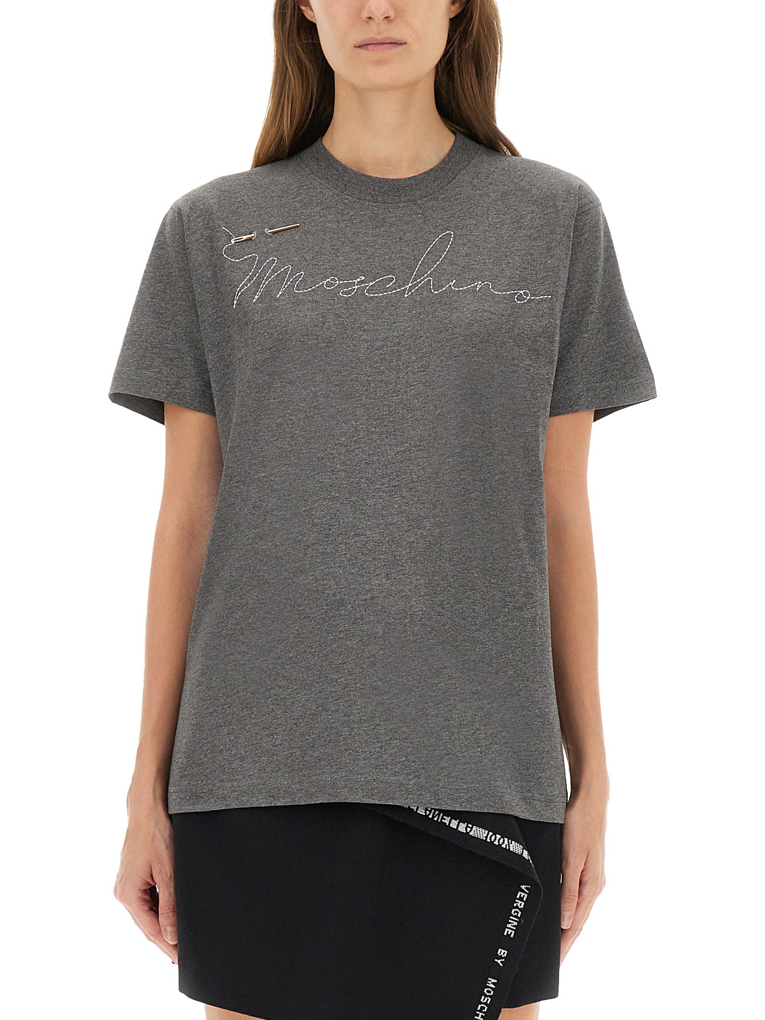 Moschino Short Sleeve Crew Neck Top With Pin In Gray