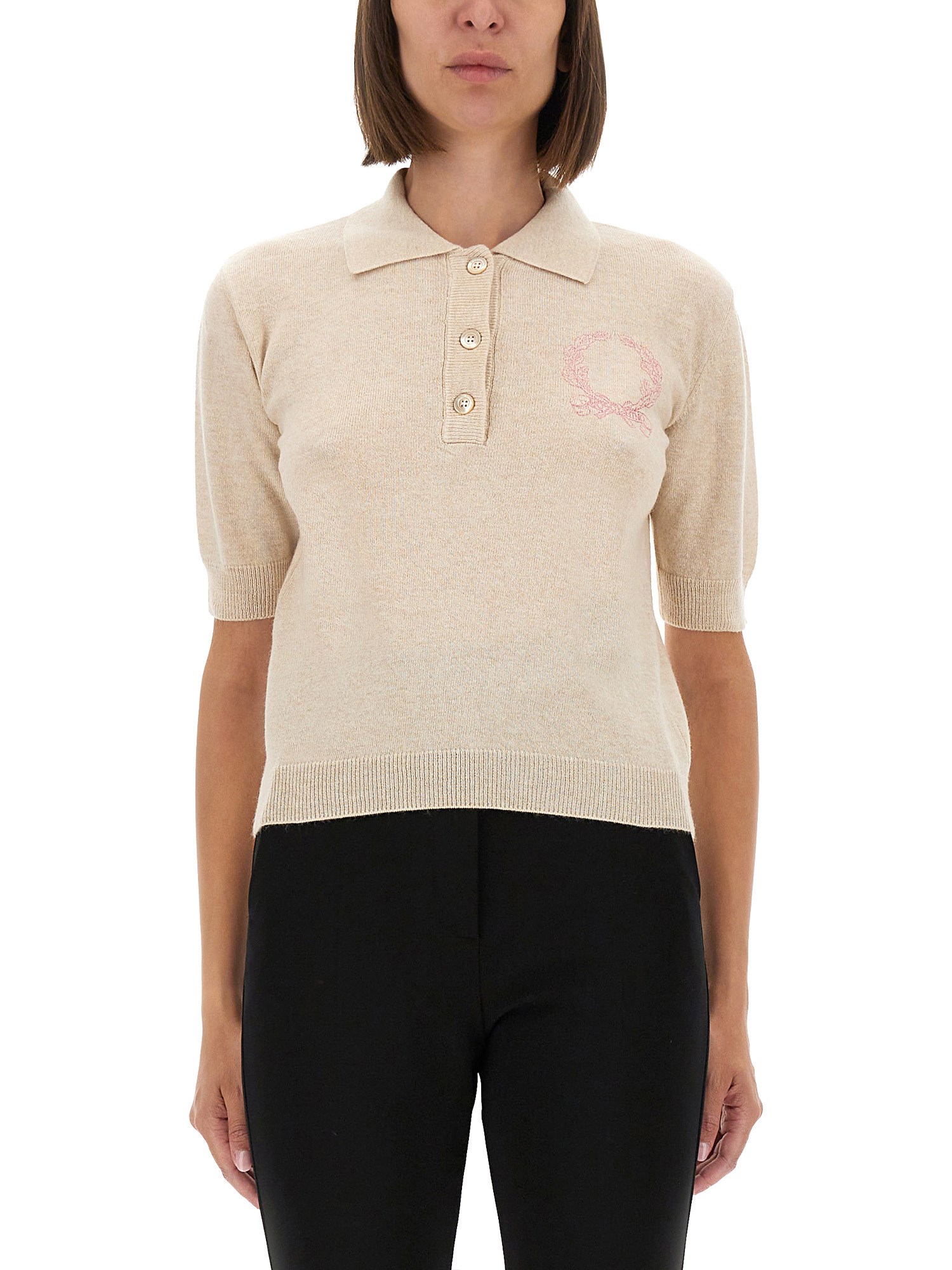 Moschino Knitwear Polo Collar Short Sleeves Ribbed Hem In Sand