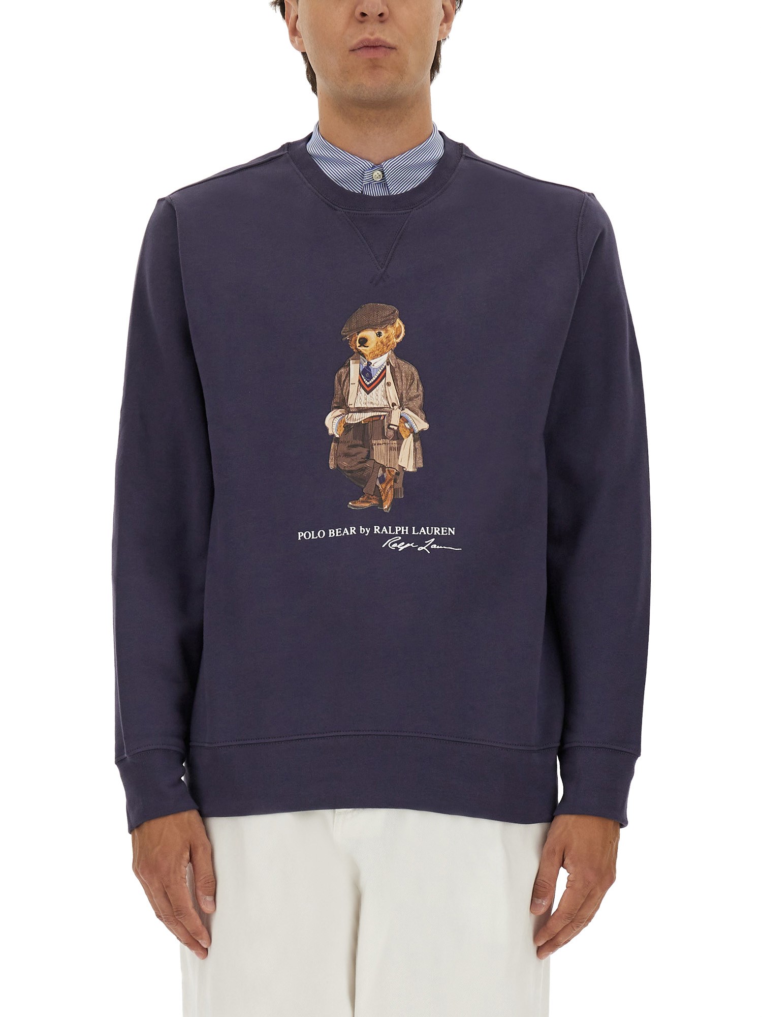 Polo Ralph Lauren Navy Blue Cotton Blend Sweatshirt With Iconic Bear Logo In Blue