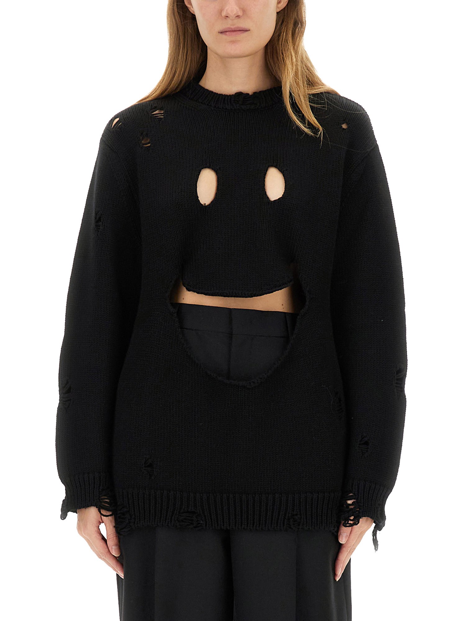 Moschino Distressed Knitwear Crew Neck Long Sleeve In Black