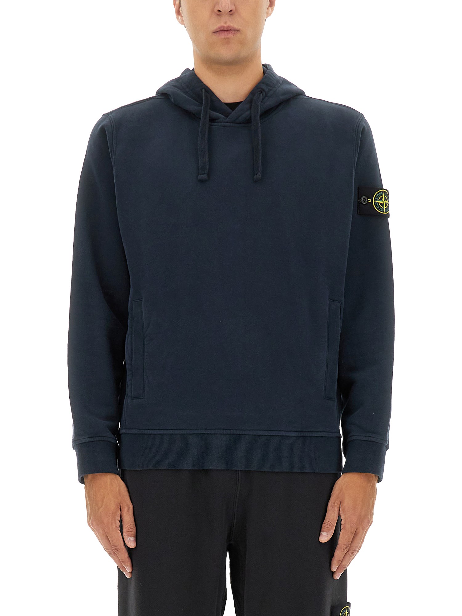 Stone Island Hooded Cotton Sweatshirt Featuring Front Pocket In Blue