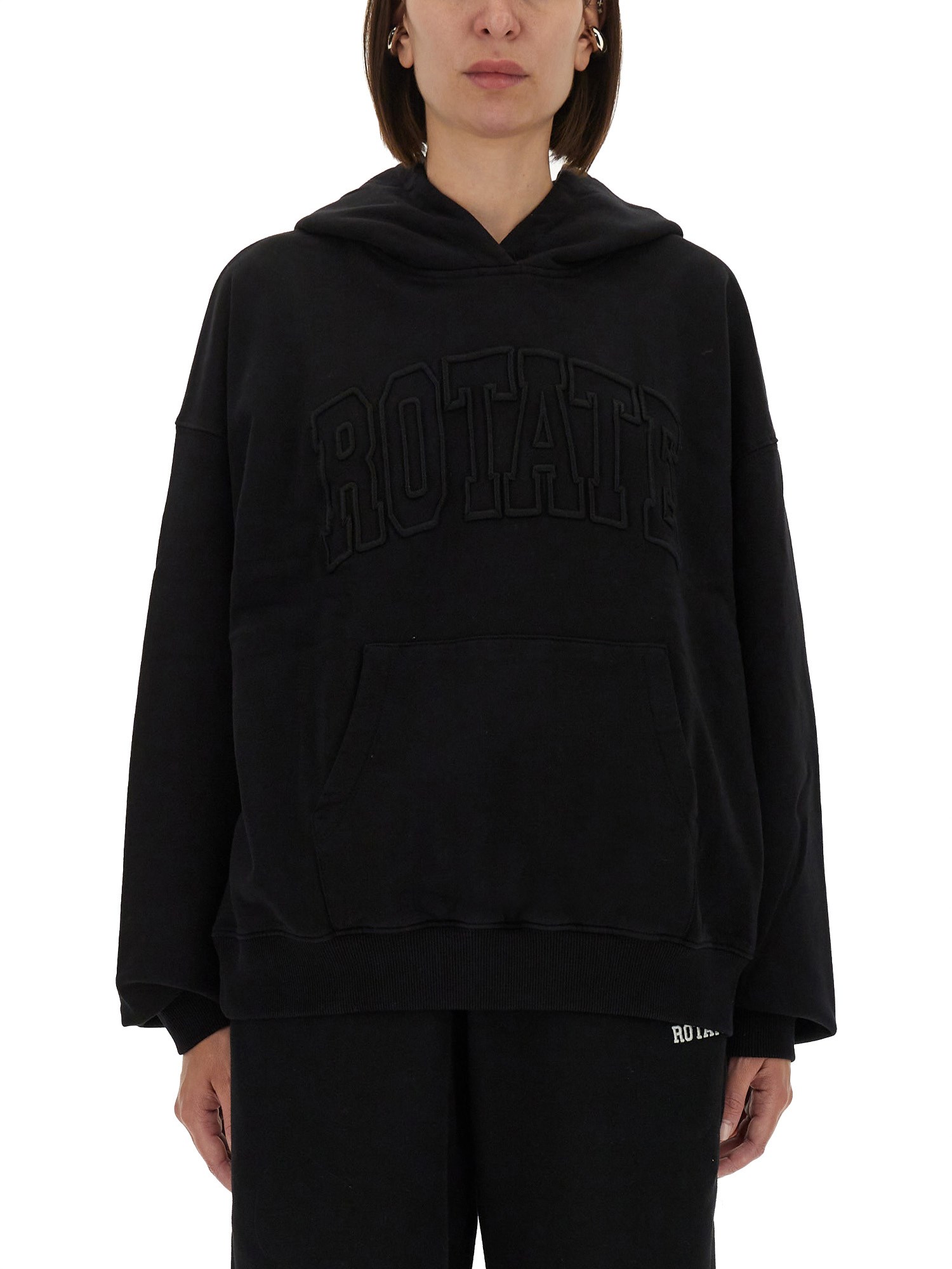 Rotate Birger Christensen Heavy Cotton Sweatshirt With Hood And Pouch Pocket In Black
