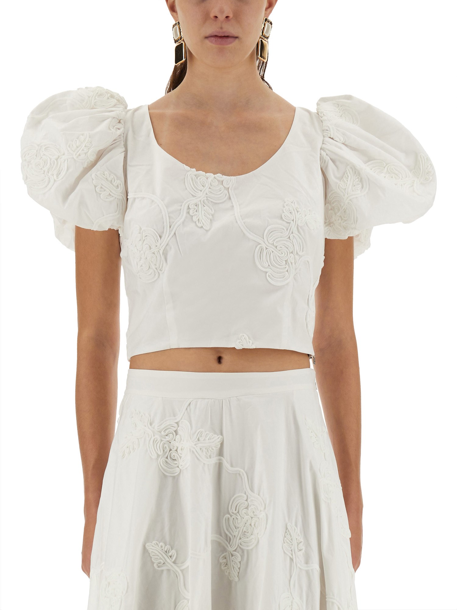 Rotate Birger Christensen Cotton Top With Puff Sleeves In White