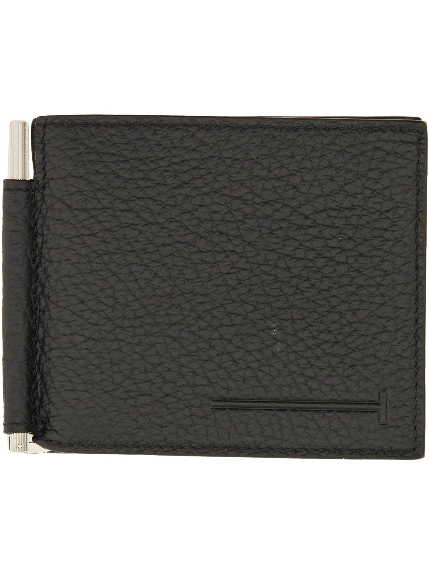 Tom Ford Black Bi-fold Wallet With T Detail On The Front And Embossed Logo On The Rear In Grained Leather Man In Black