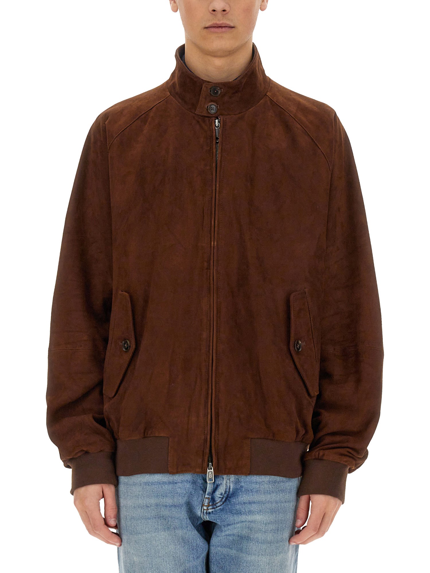 Baracuta Minimalist Brown Suede Jacket With Ribbed Details In Gray
