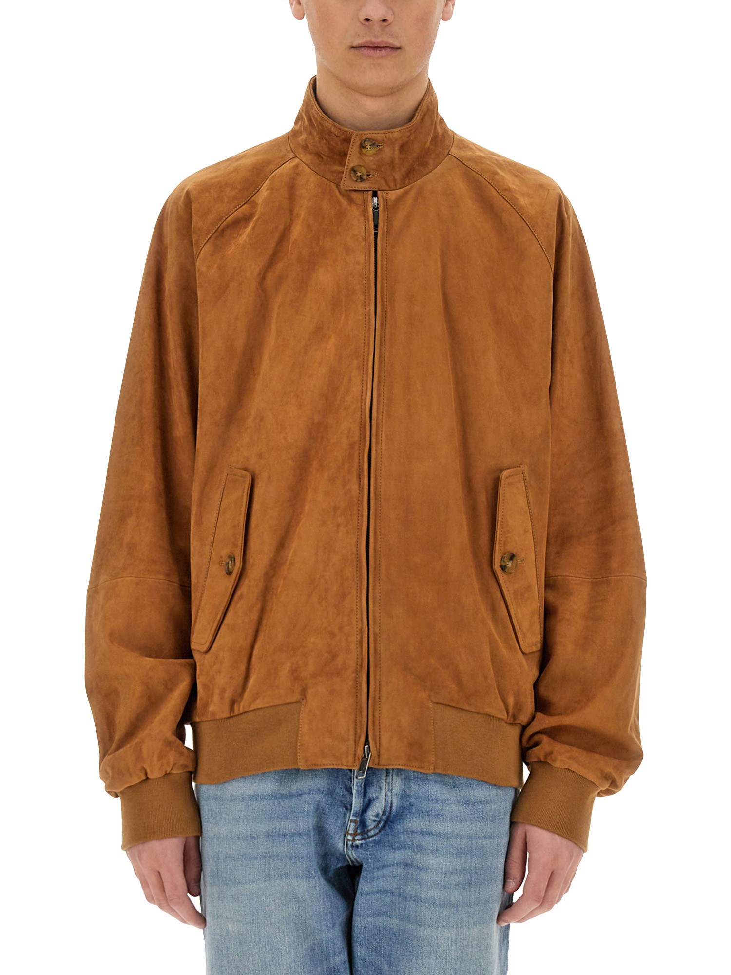 Baracuta Buttoned High Collar Jacket With Raglan Sleeves In Brown