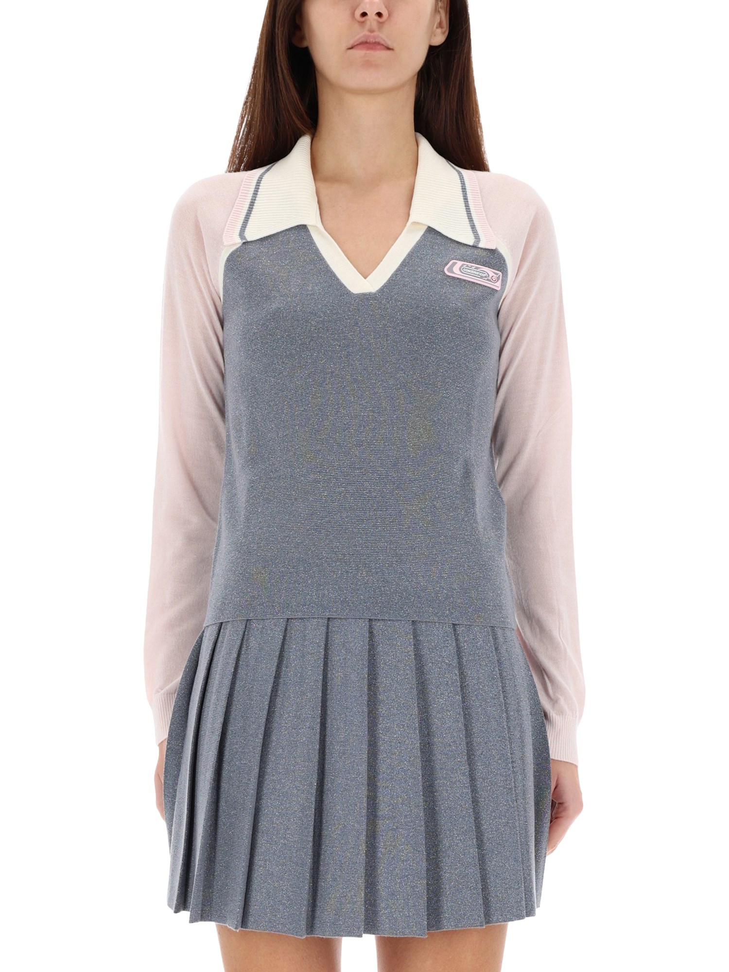 Casablanca Color-block Merino Polo Shirt With Classic Collar And Logo Patch In Silver
