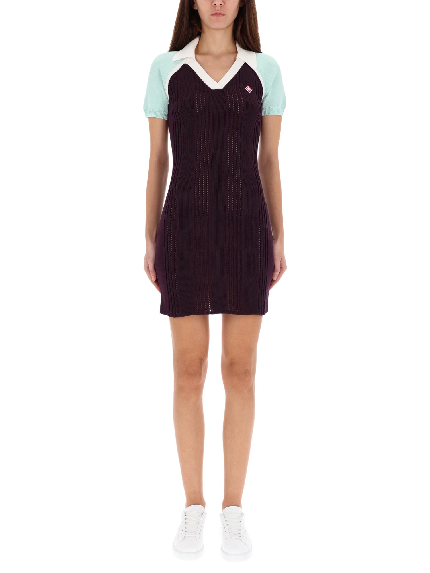 Casablanca Fitted Mini Dress In Ribbed Merino Wool With Contrast Collar In Purple