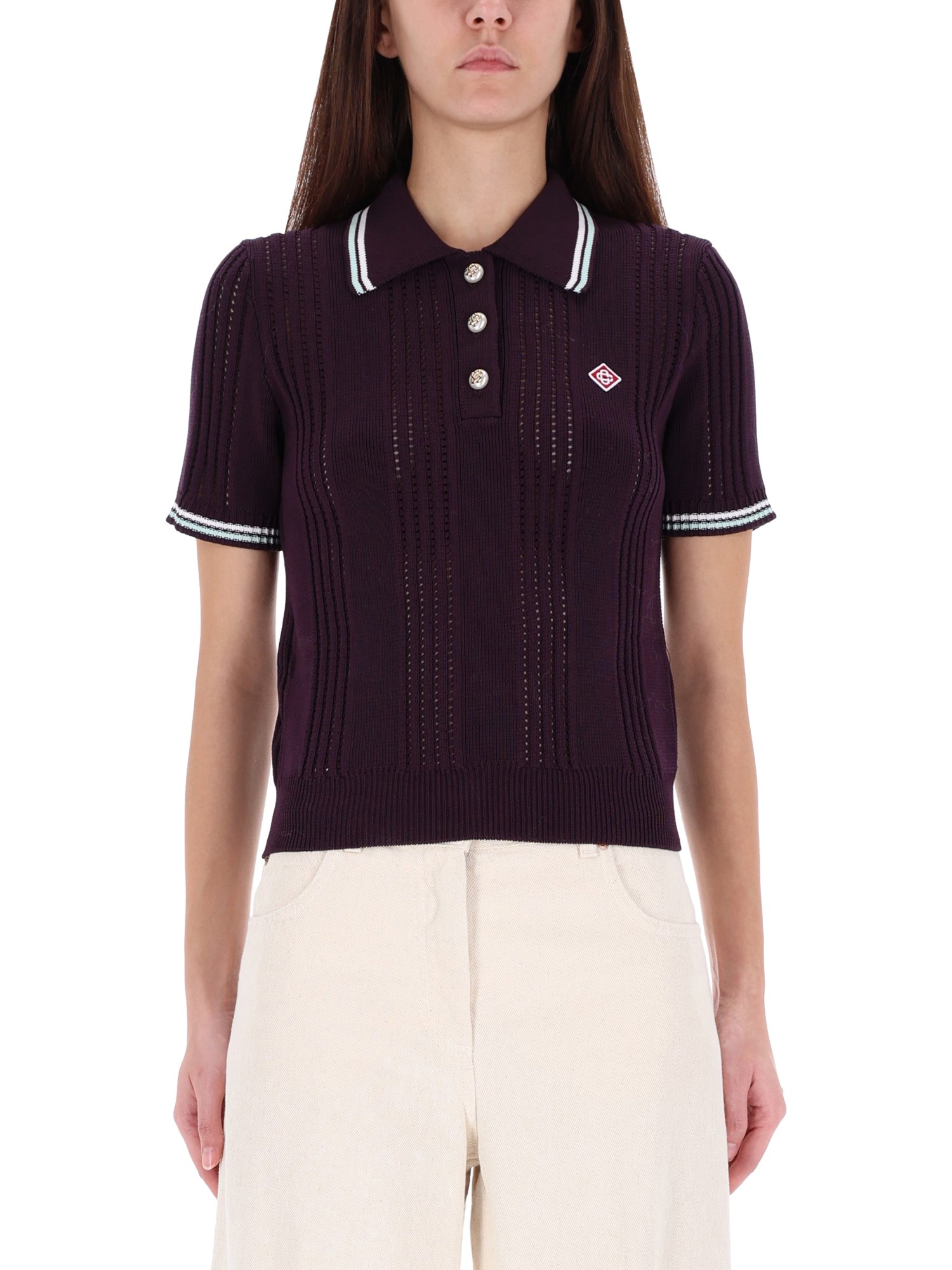 Casablanca Short-sleeved Knit Polo With Vertical Open-knit Stripes In Purple