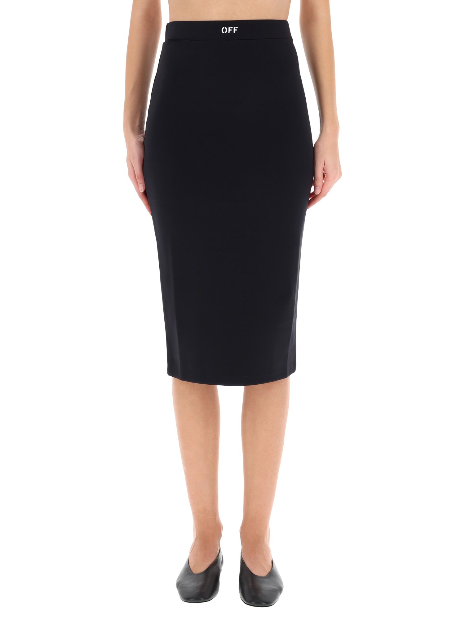 Off-white Fitted Midi Skirt In Stretch Technical Fabric With Front Logo Detail In Black