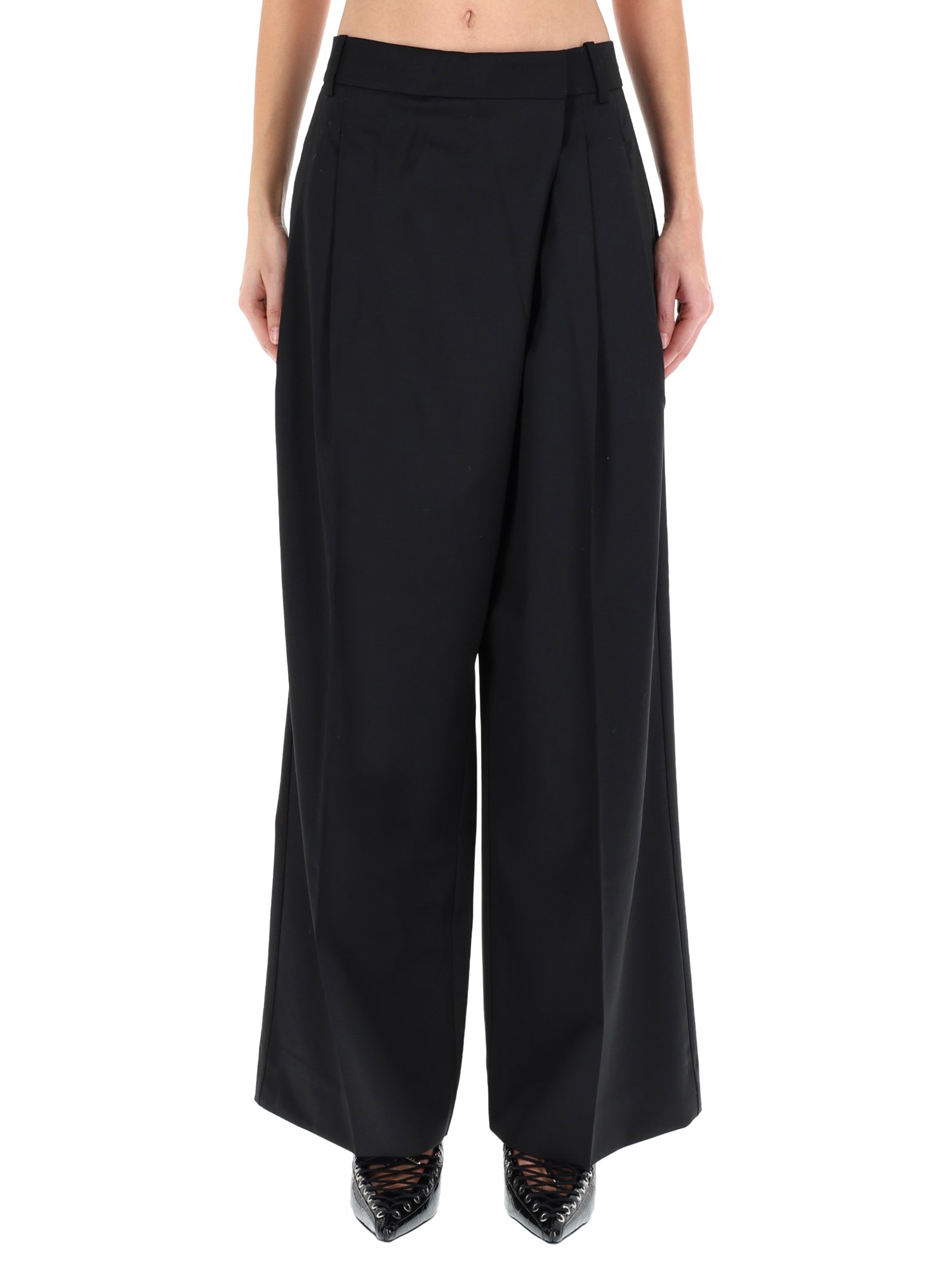 Ganni Wide Leg Trousers Pleated Front In Black