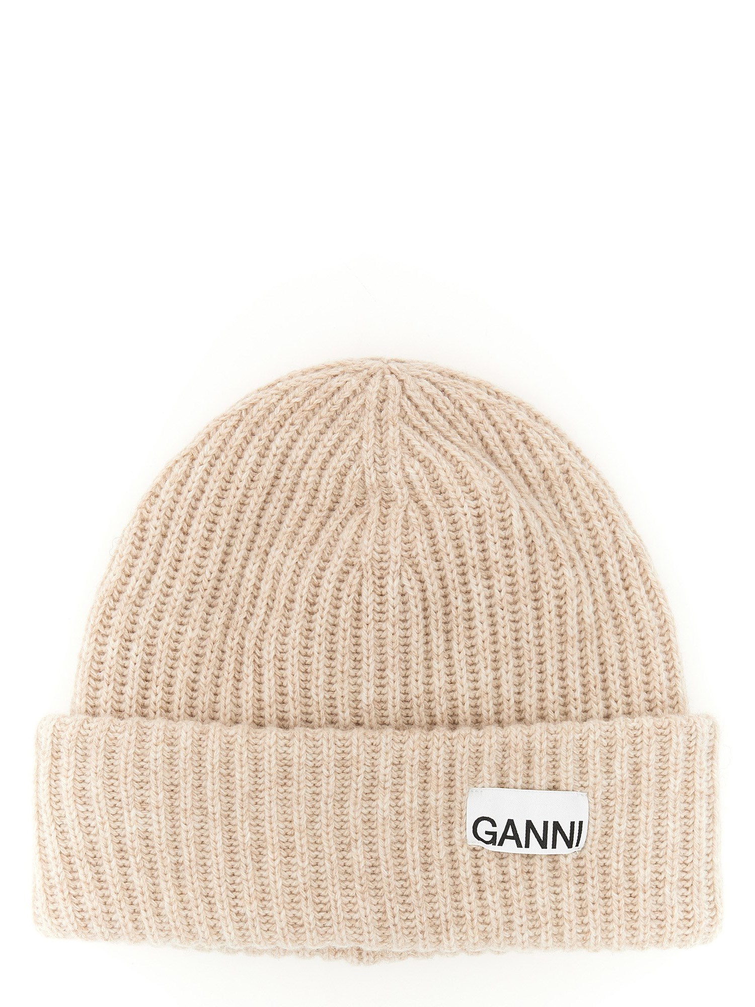 Ganni Beige Fisherman Rib Beanie With Logo Patch In Wool Blend Woman In Neutral