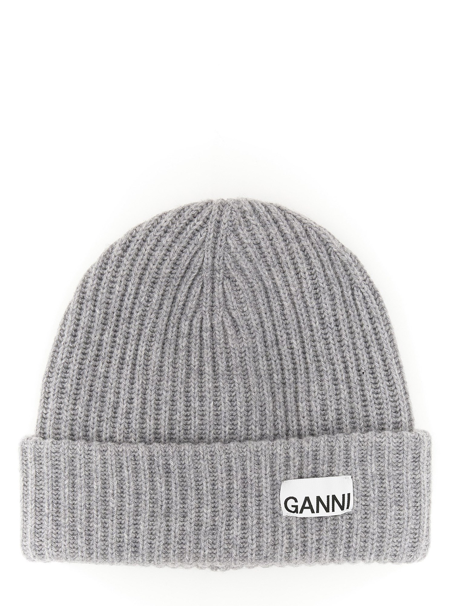 Ganni Beanie Hat With Logo In Gray