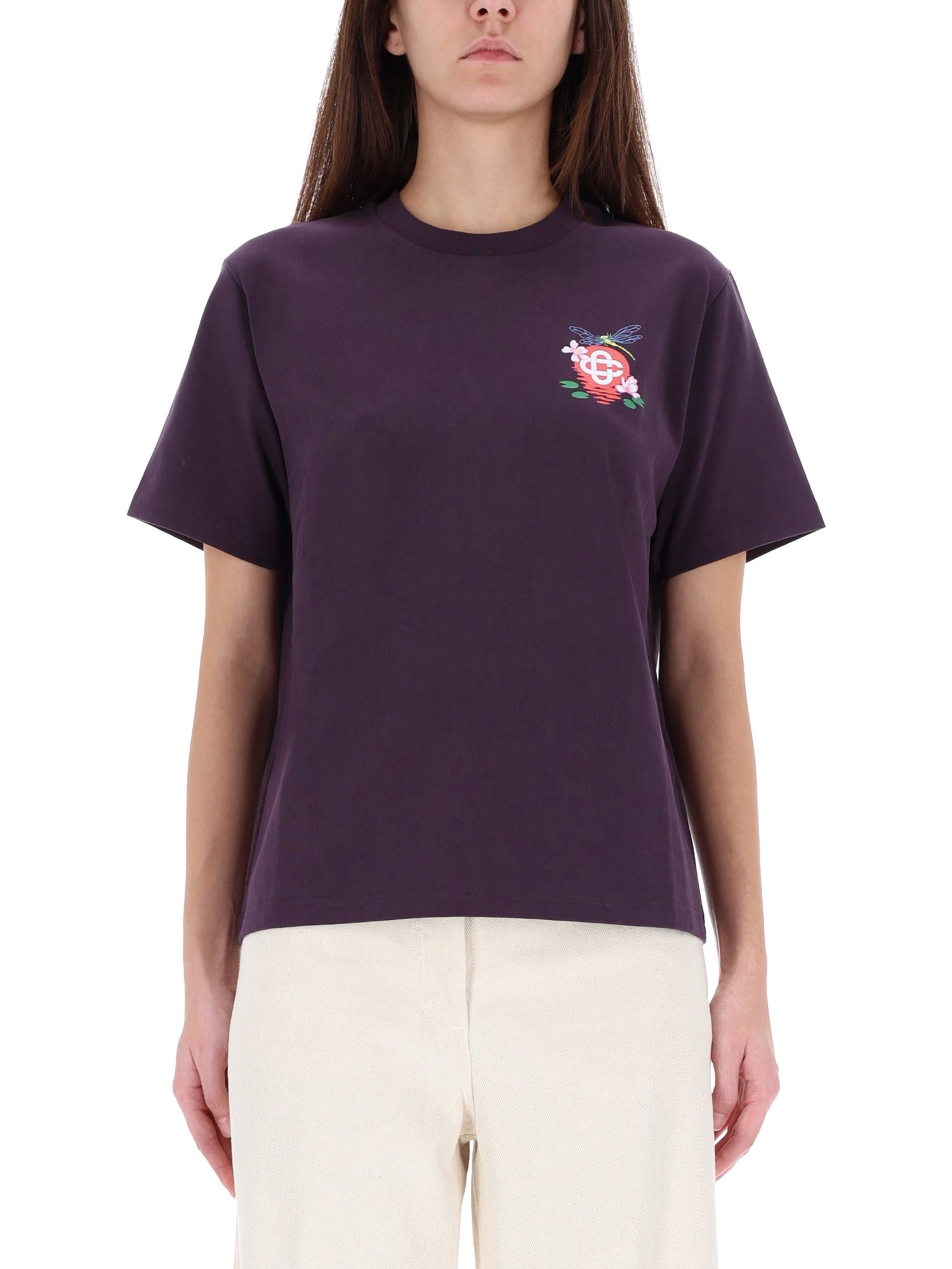 Casablanca Cropped Dragonfly Floral T-shirt With Logo Detail In Purple
