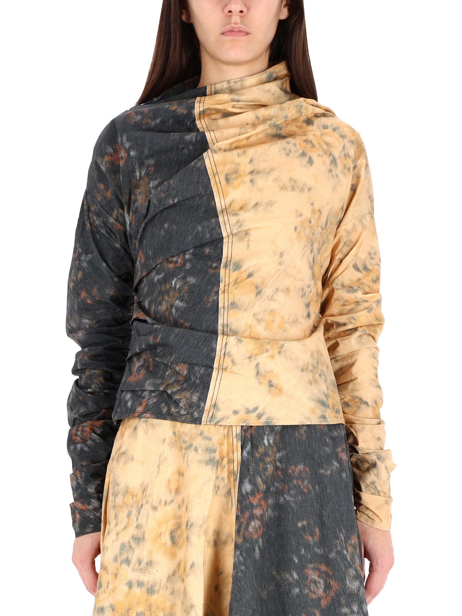 Ganni Asymmetric-neck Floral-print Top In Multi