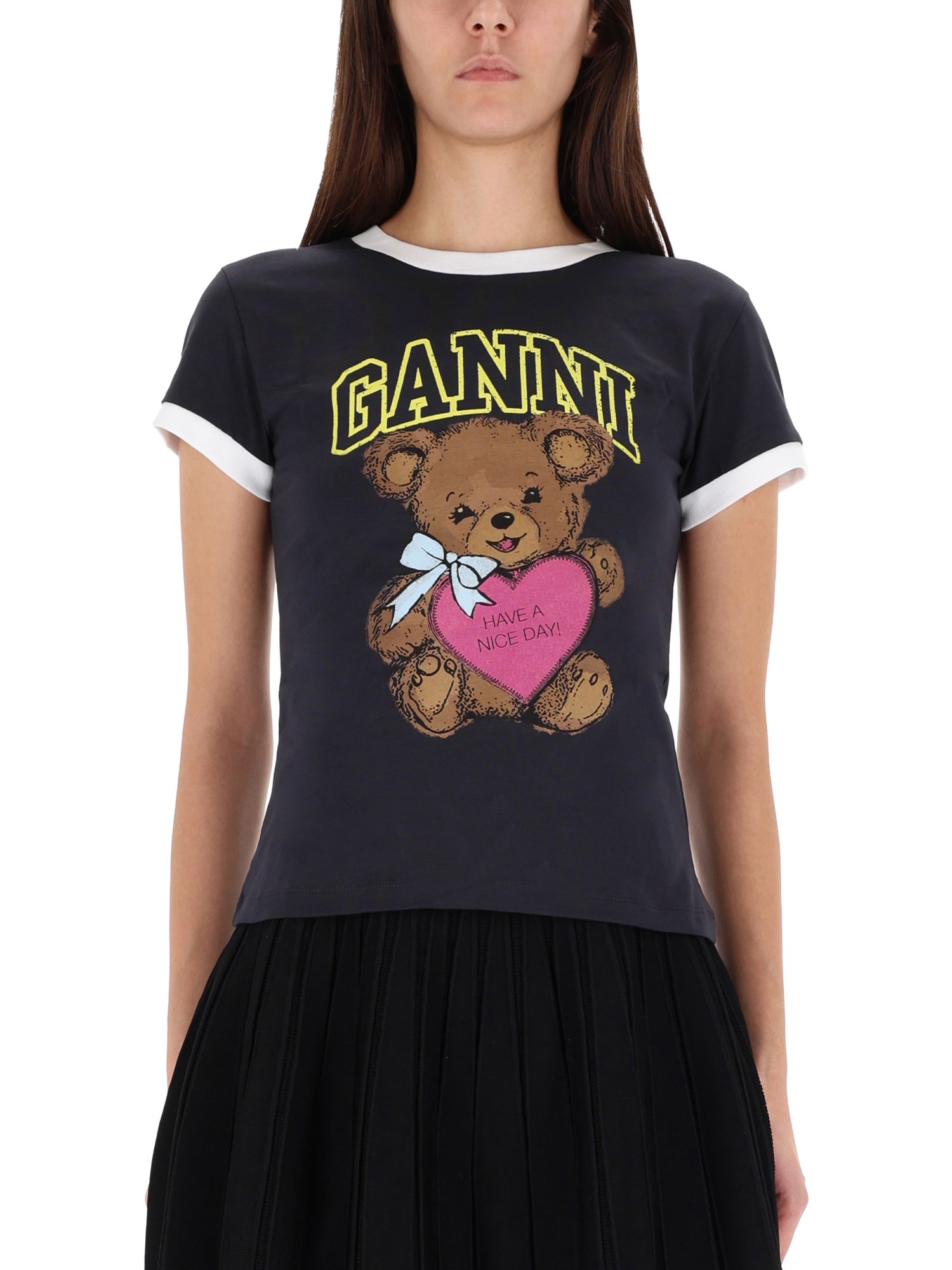 Ganni Women Black Crewneck T-shirt With Maxi Logo On The Front In Cotton Jersey Woman In Black