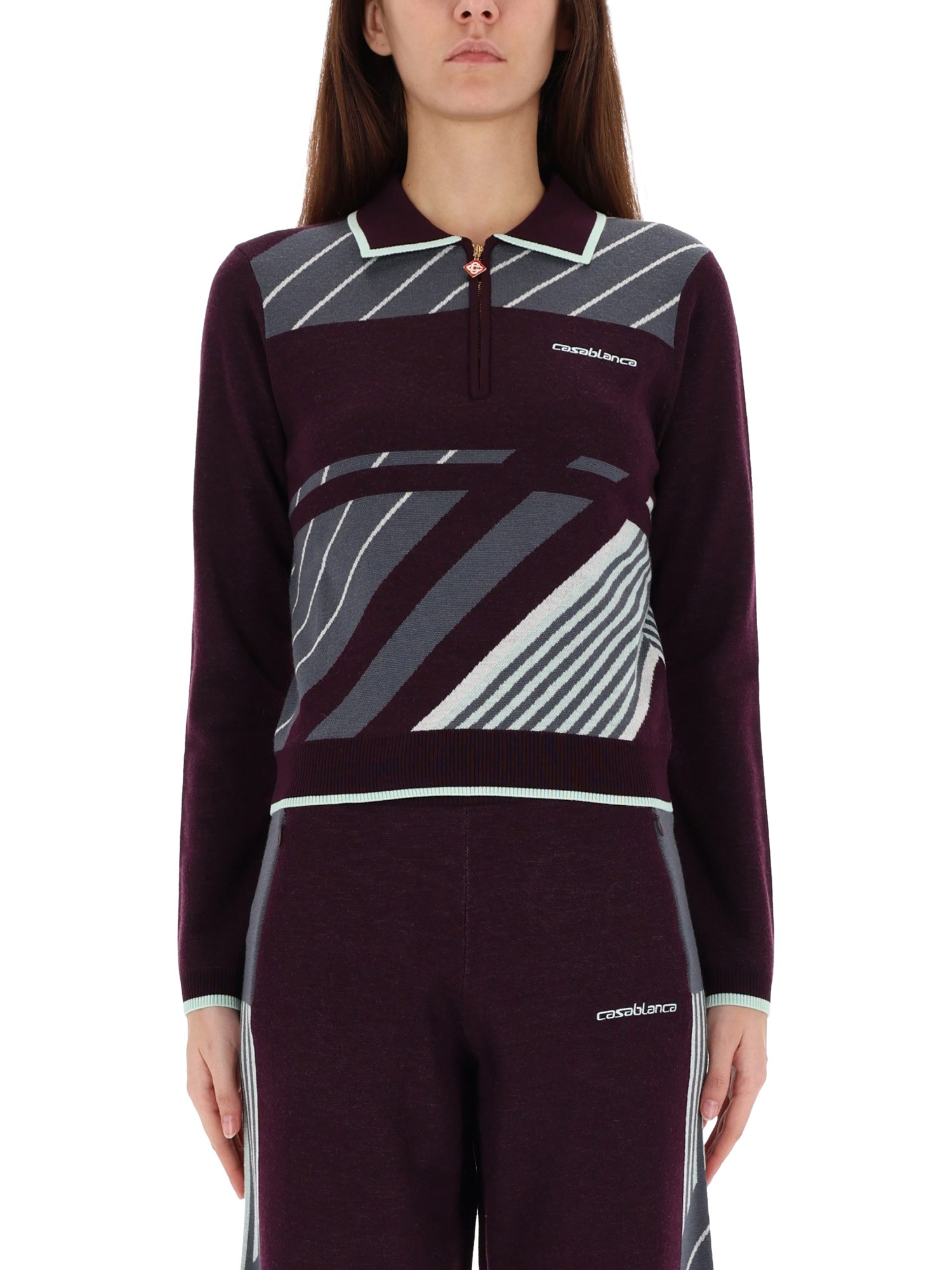 Casablanca Violet Geometric Pattern Sweater With Zip-up Collar In Multi