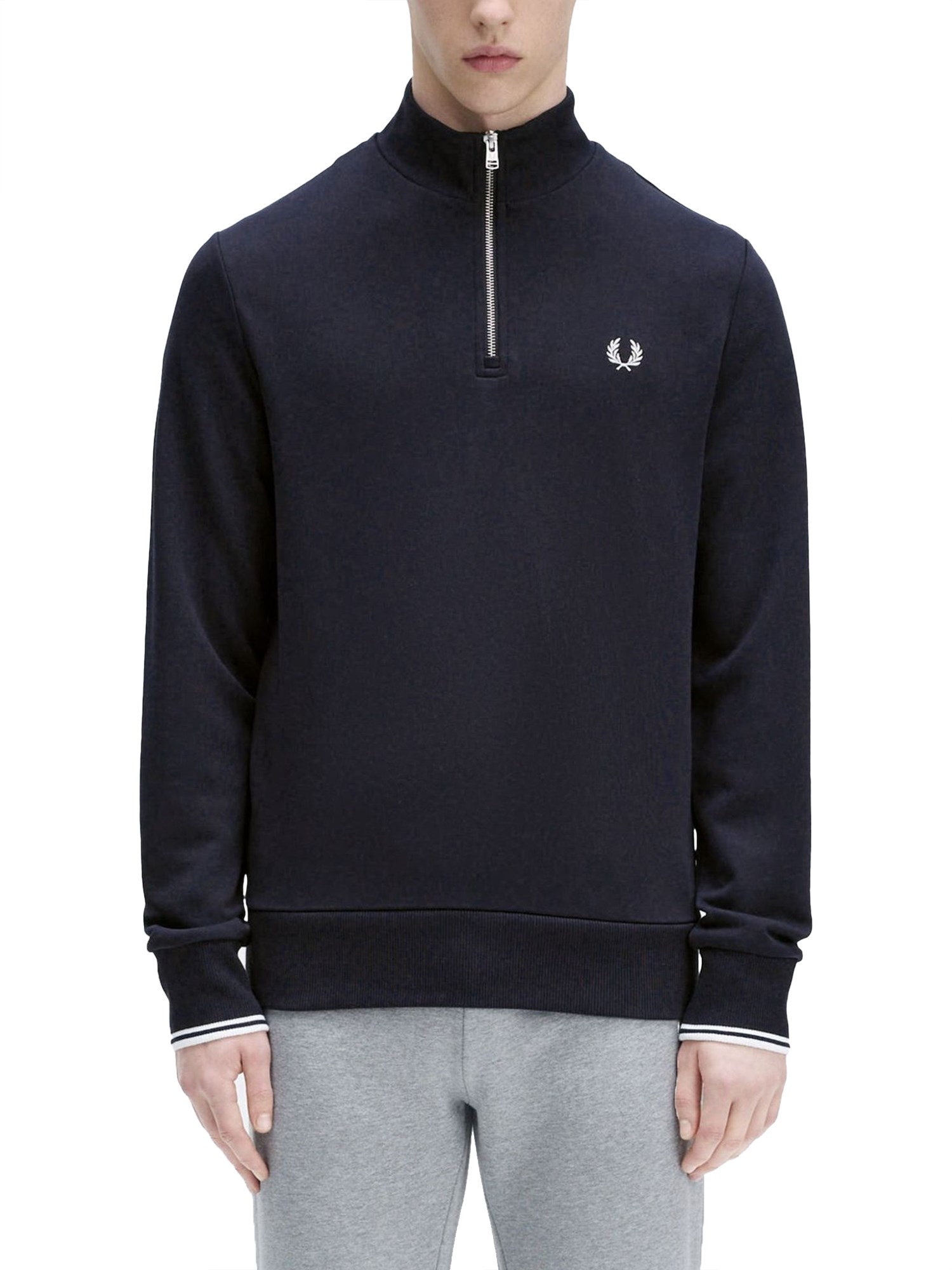 Fred Perry Half-zipper Sweatshirt With High Collar And Embroidered Logo In Blue