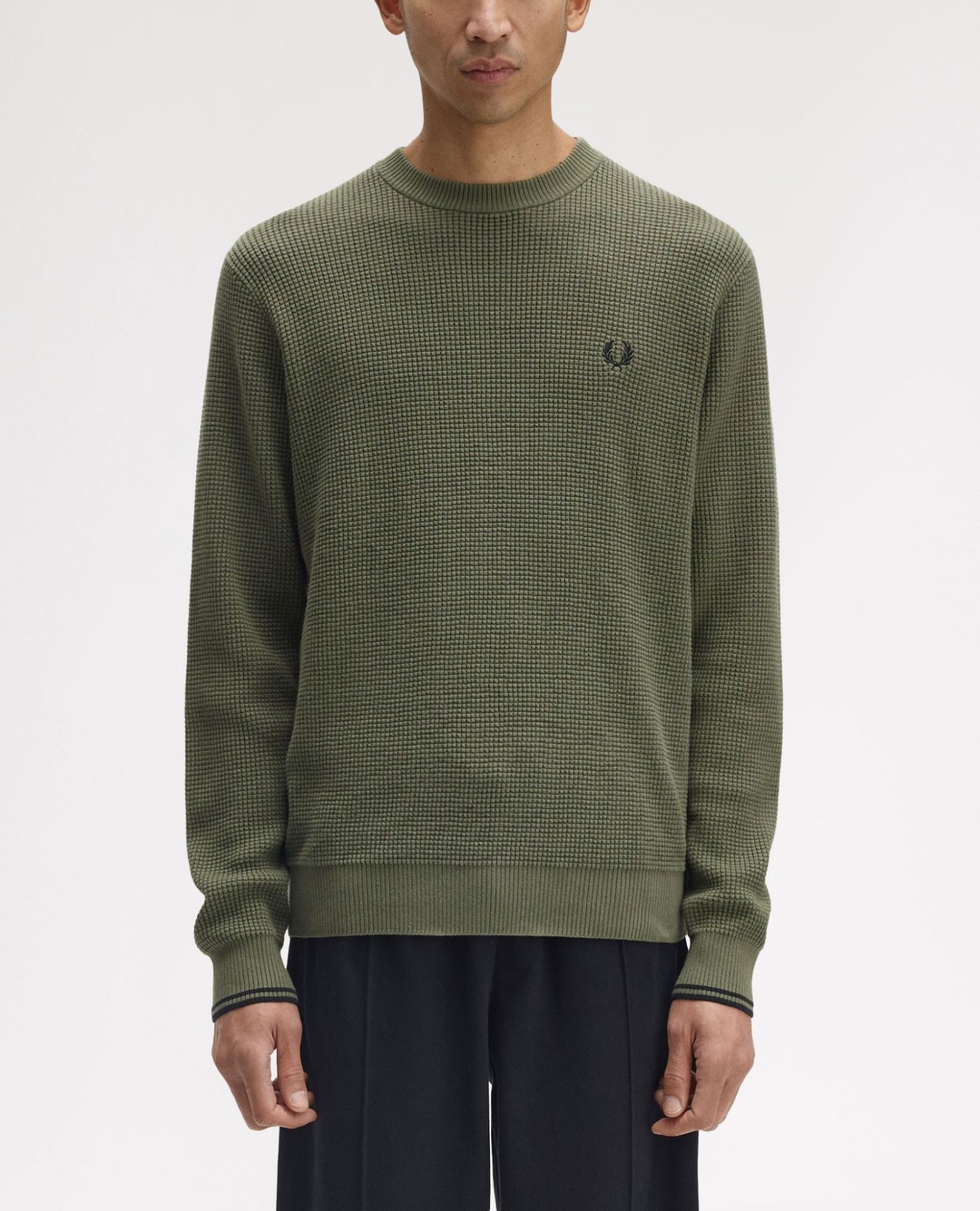 Fred Perry Embroidered Laurel Wreath Crew Neck Sweater In Green
