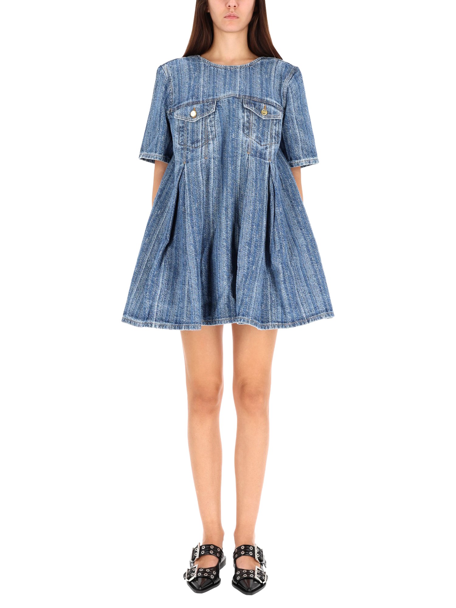 Ganni Short Sleeve Pleated Dress Pockets In Blue