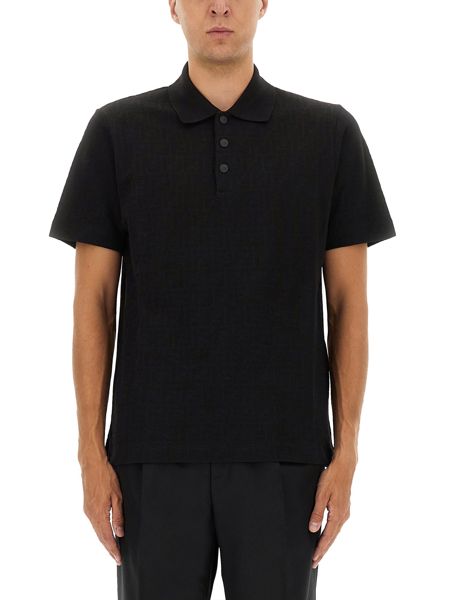 Fendi Ff Piquet Jacquard Polo Shirt In Black