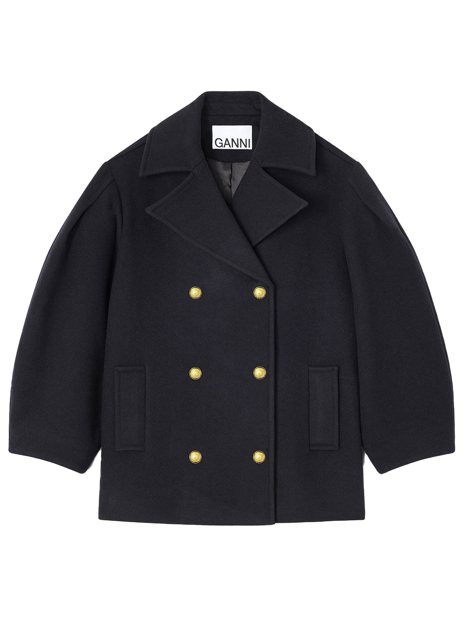 Ganni Balloon-sleeve Double-breasted Coat In Black
